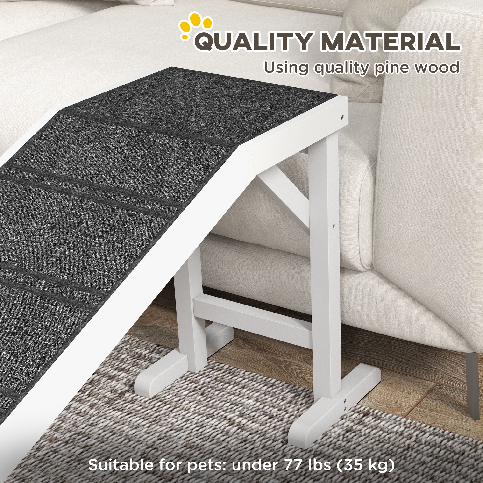 PawHut Pet Ramp for Dogs Cats with Non-Slip Carpet for Bed Sofa, White - Image 3