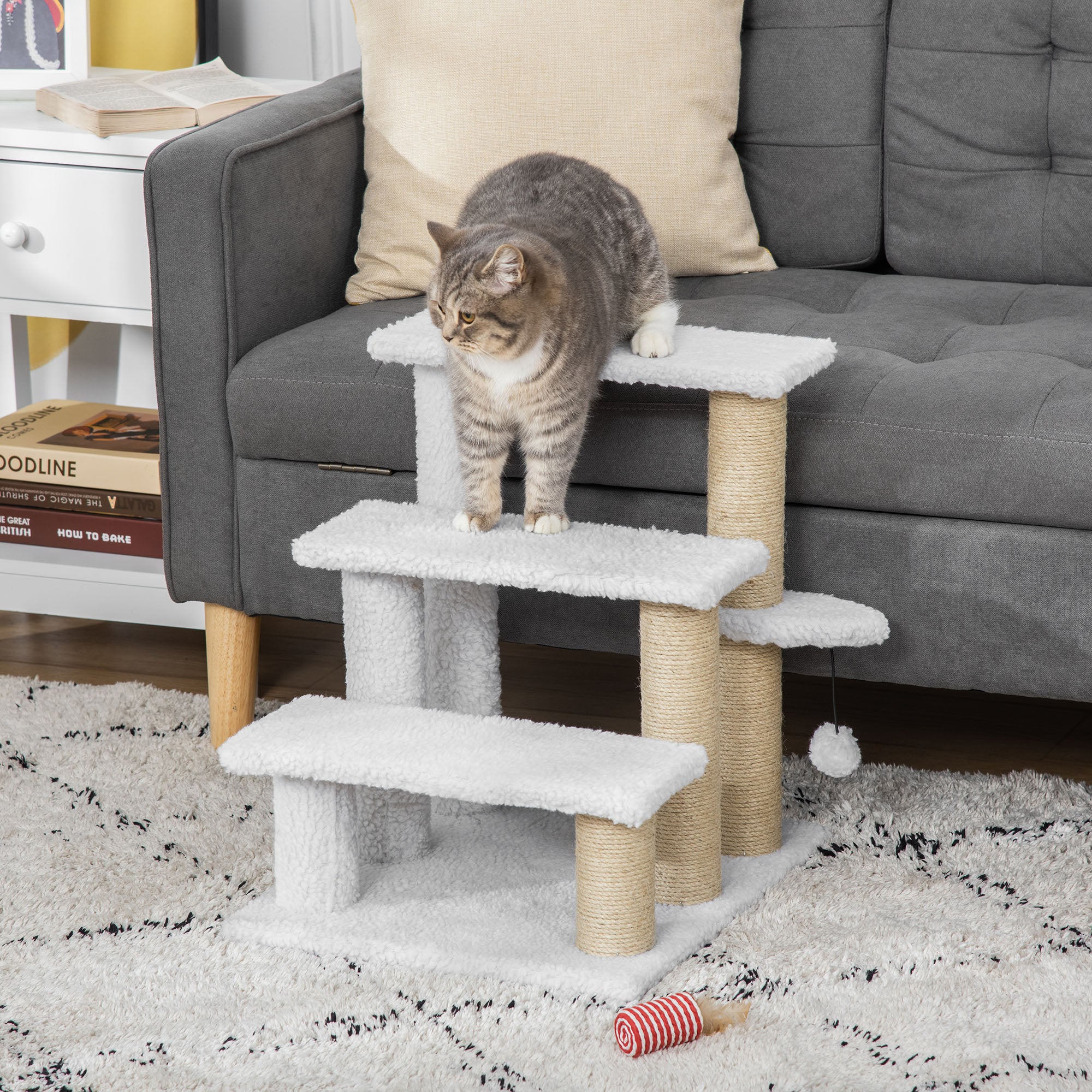 PawHut Pet Stair with 3-step Climb Ladder, Scratching Posts, White - Image 2