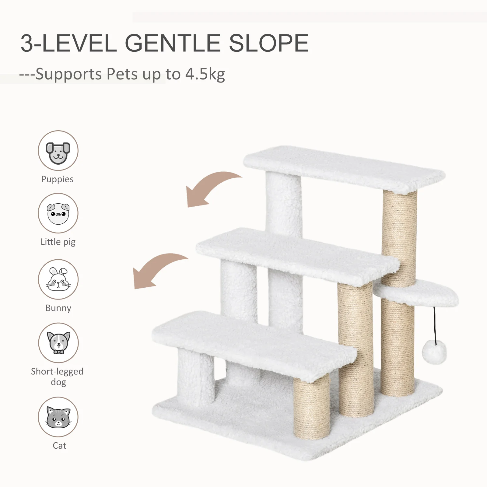PawHut Pet Stair with 3-step Climb Ladder, Scratching Posts, White - Image 3