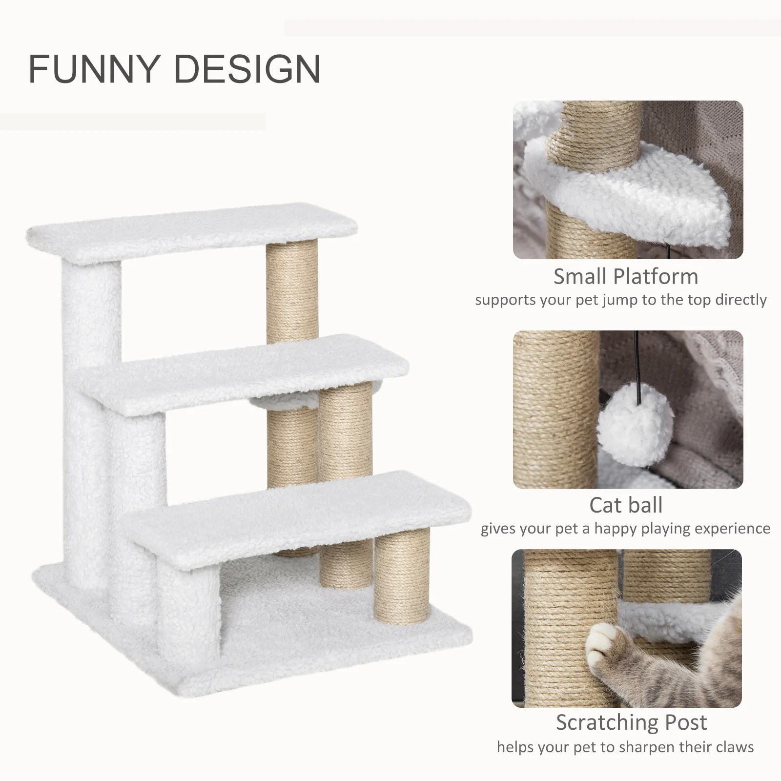 PawHut Pet Stair with 3-step Climb Ladder, Scratching Posts, White - Image 4