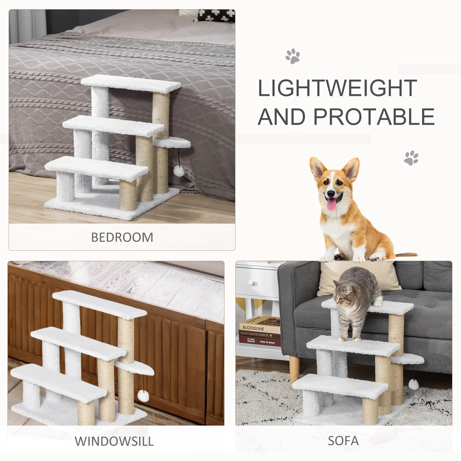 PawHut Pet Stair with 3-step Climb Ladder, Scratching Posts, White - Image 7