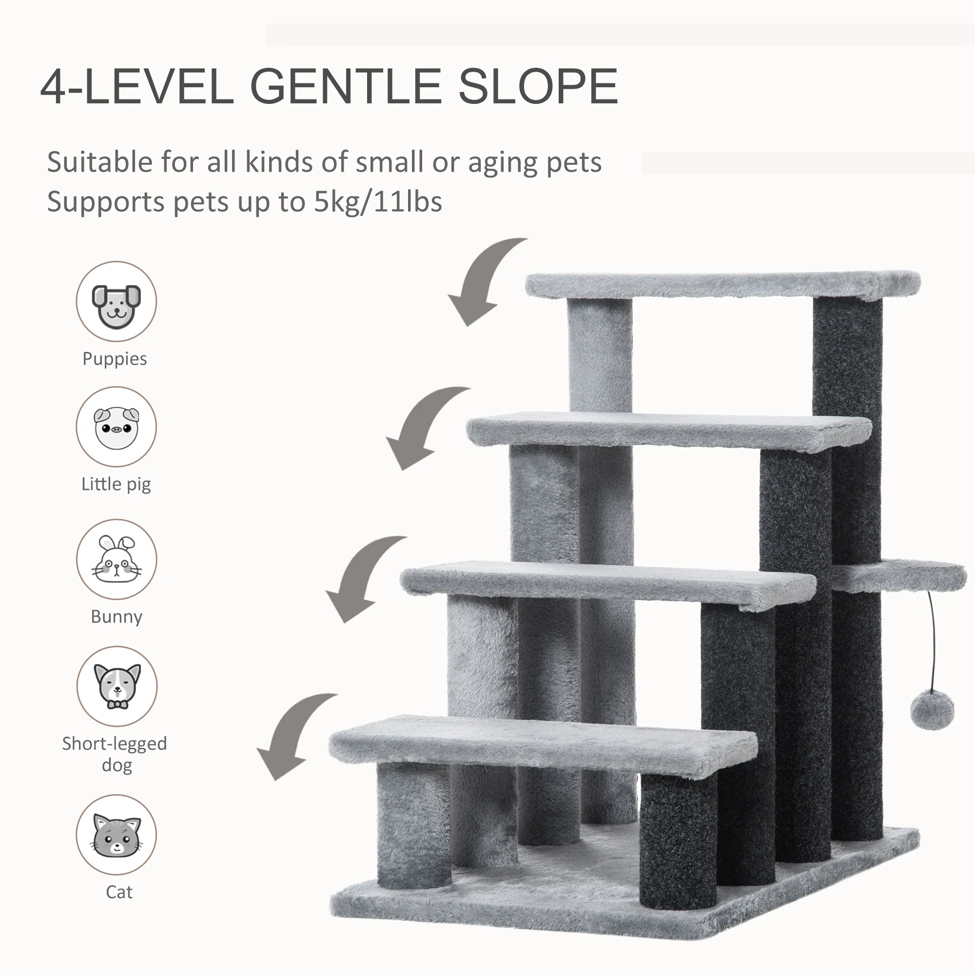 PawHut Pet Stairs with 4-step Stair, Scratching Posts, Platforms, Toy Ball - Image 3