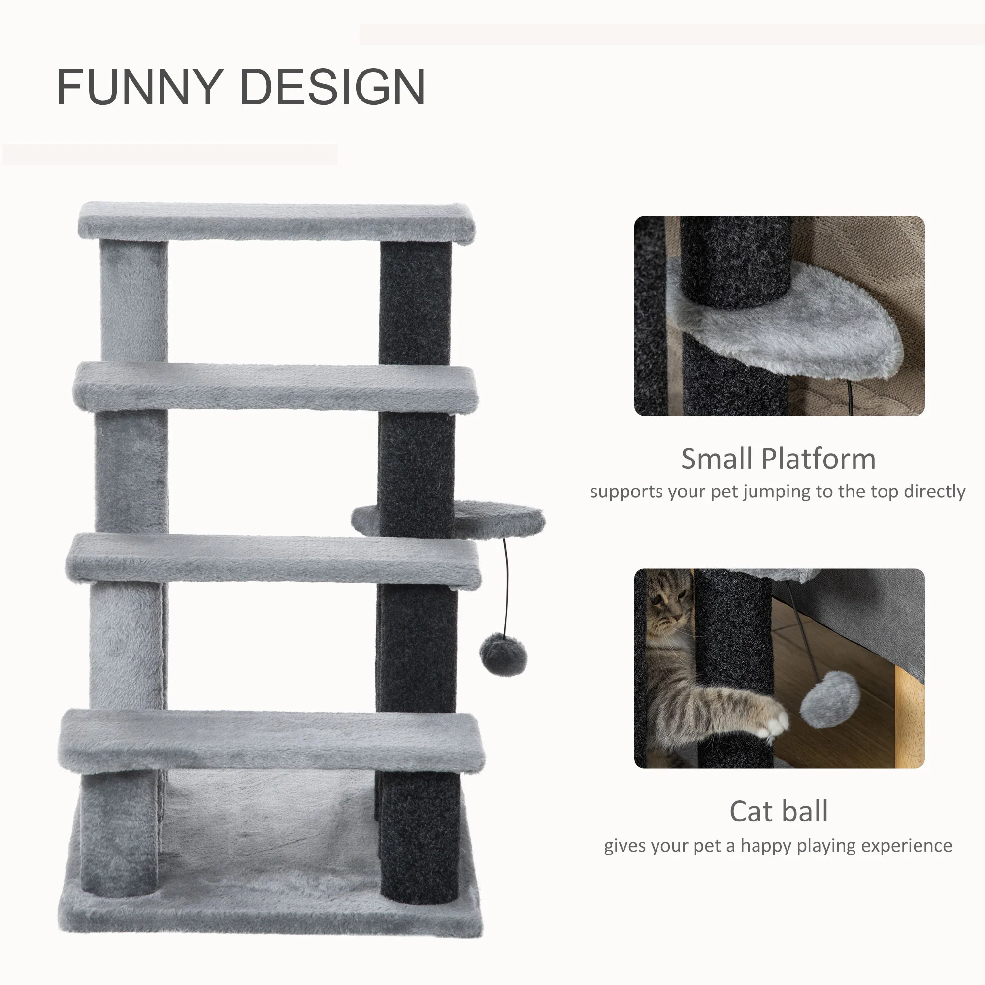 PawHut Pet Stairs with 4-step Stair, Scratching Posts, Platforms, Toy Ball - Image 4