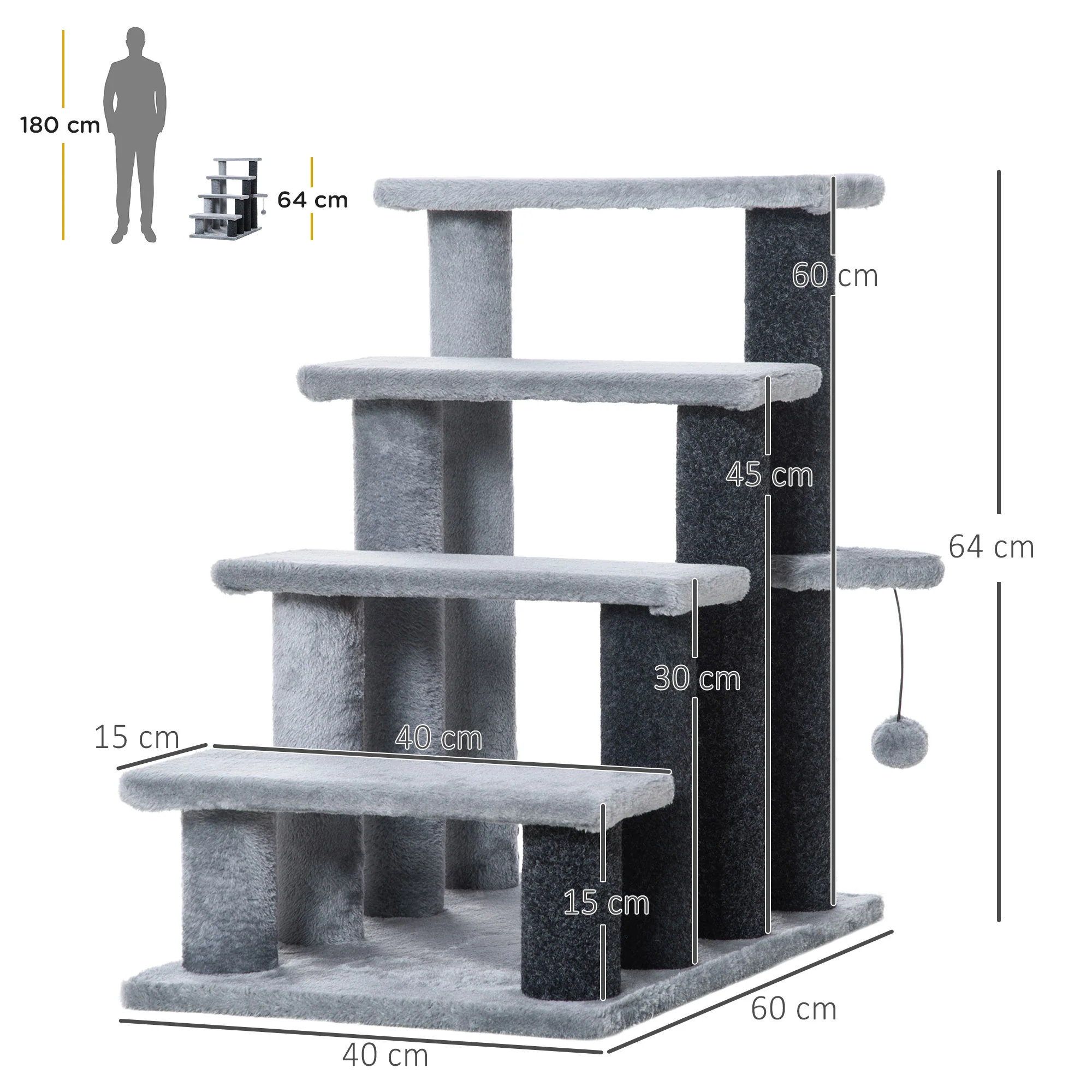 PawHut Pet Stairs with 4-step Stair, Scratching Posts, Platforms, Toy Ball - Image 5