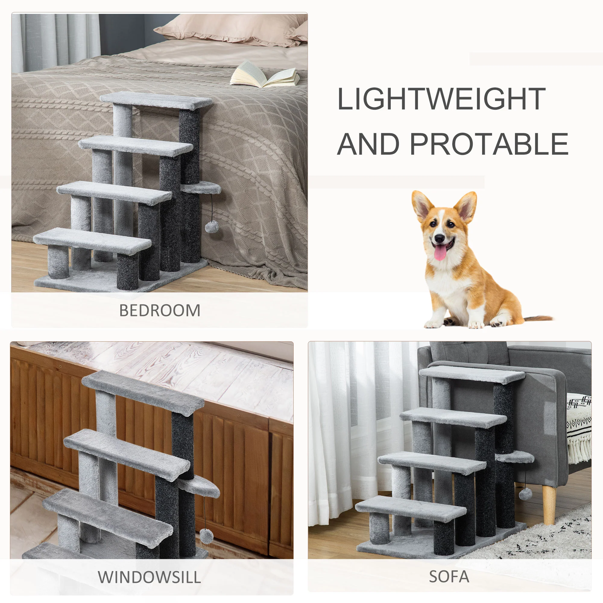 PawHut Pet Stairs with 4-step Stair, Scratching Posts, Platforms, Toy Ball - Image 7