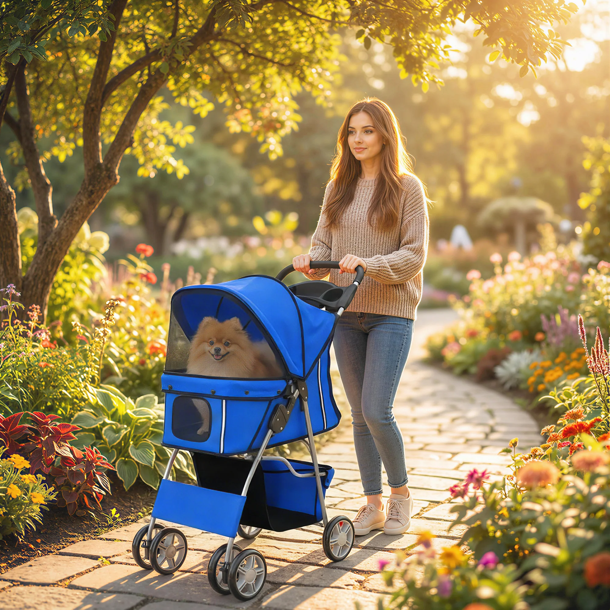 PawHut Pet Stroller Carrier Foldable Deluxe Walk Travel Dog, Blue - Image 2