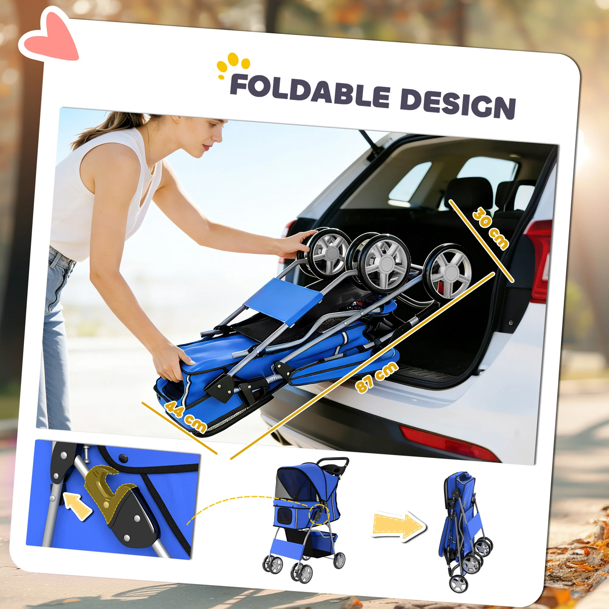 PawHut Pet Stroller Carrier Foldable Deluxe Walk Travel Dog, Blue - Image 4