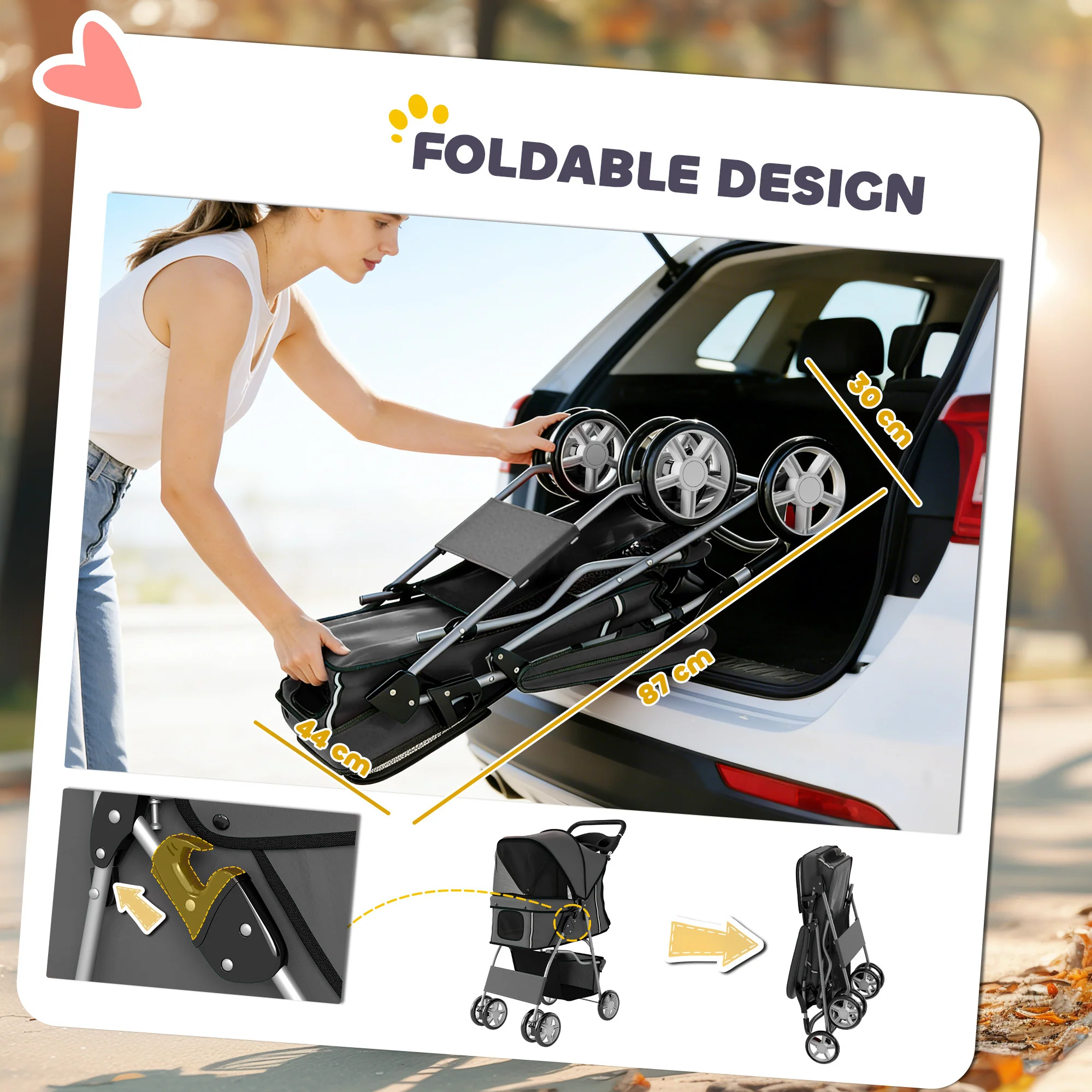 PawHut Pet Stroller Carrier Foldable Deluxe Walk Travel Dog, Dark Grey - Image 4