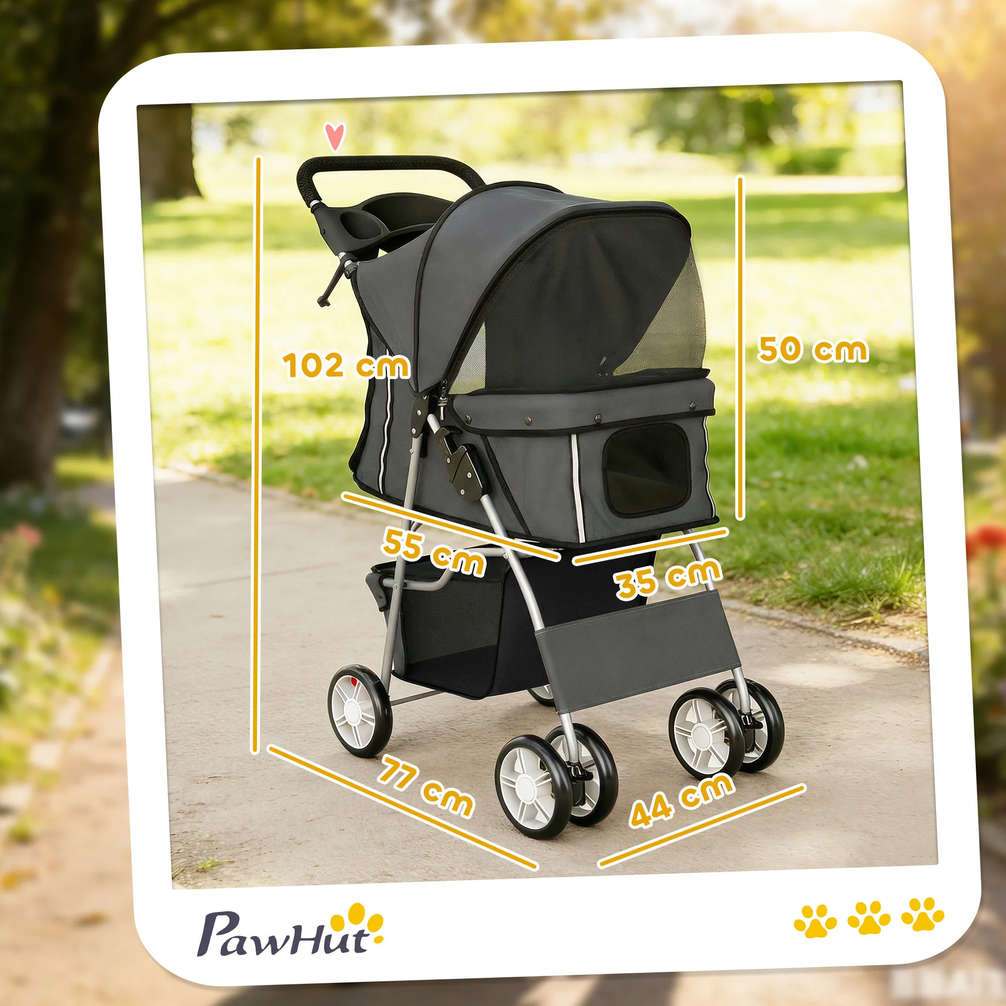 PawHut Pet Stroller Carrier Foldable Deluxe Walk Travel Dog, Dark Grey - Image 5