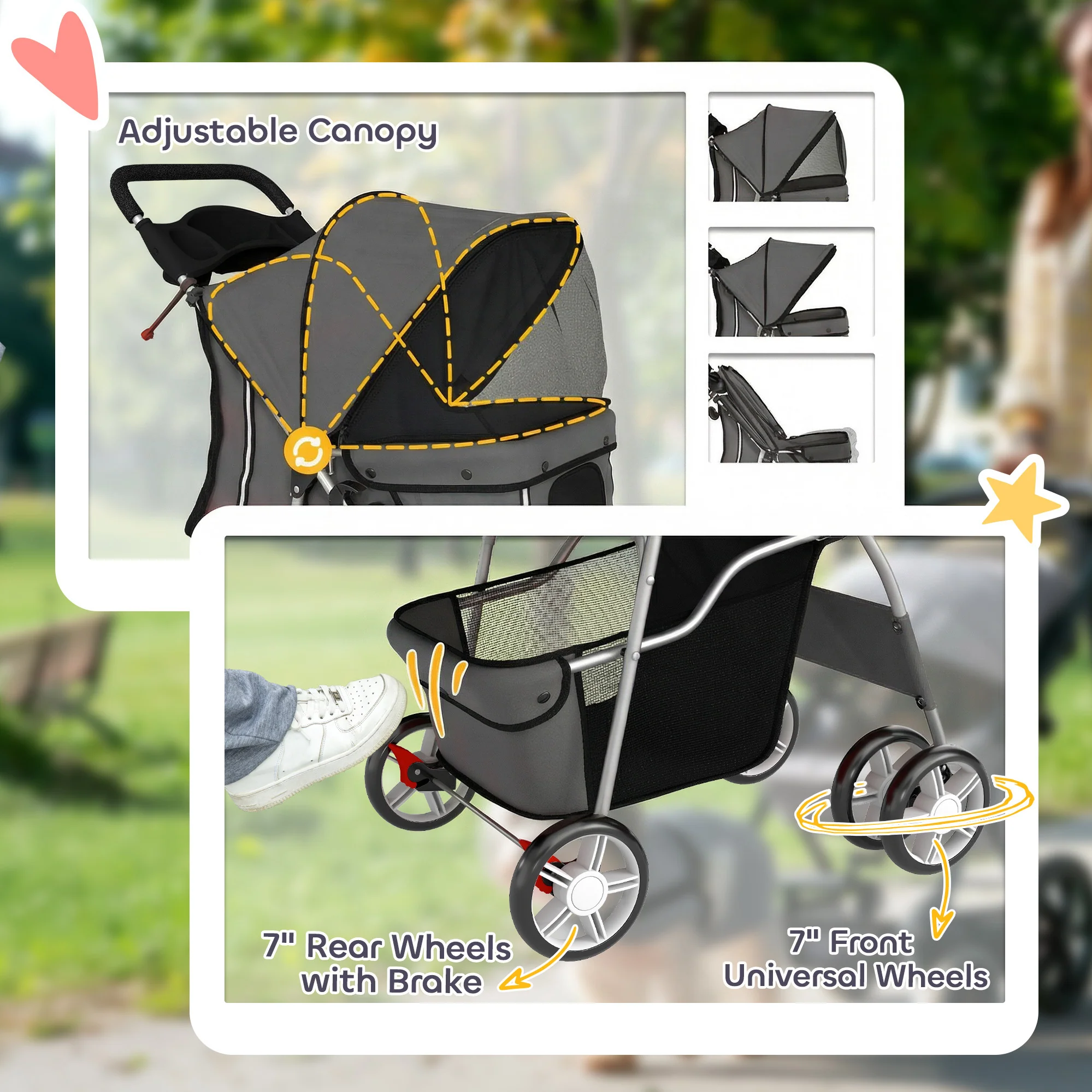 PawHut Pet Stroller Carrier Foldable Deluxe Walk Travel Dog, Dark Grey - Image 6