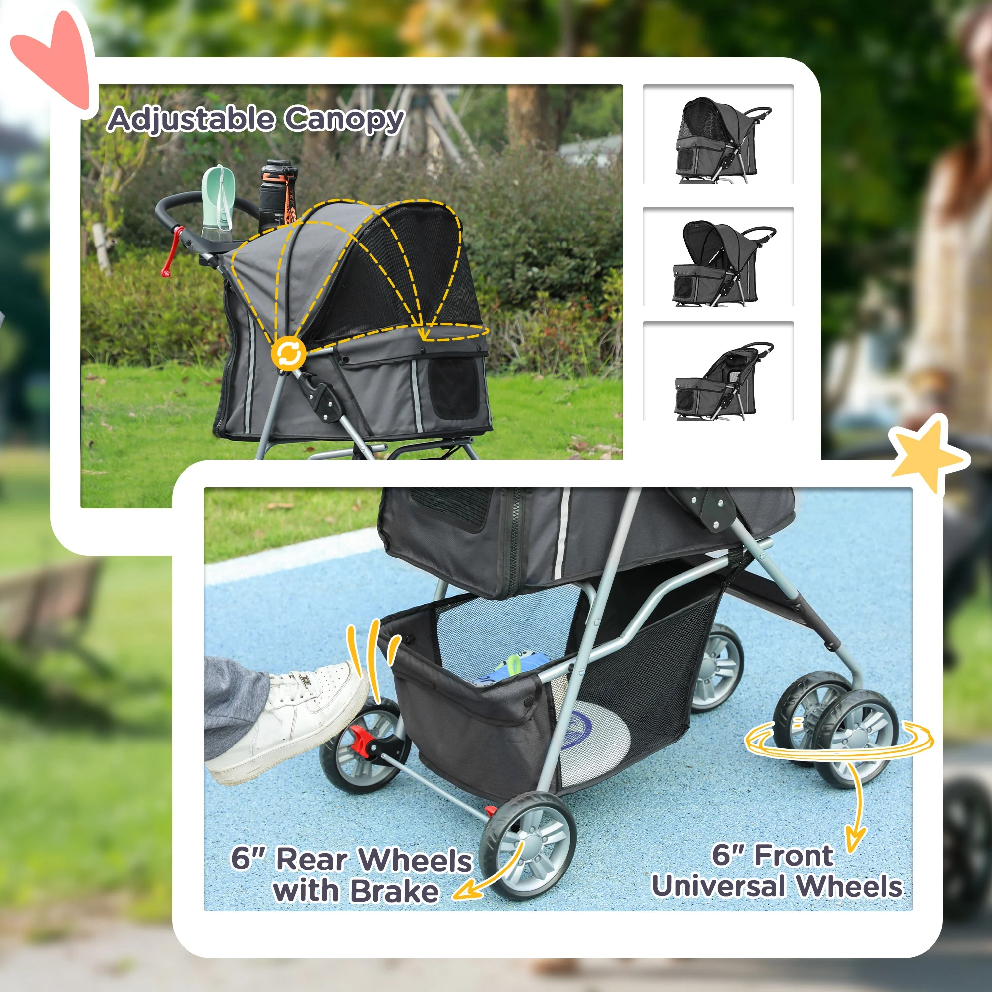 PawHut Pet Stroller Carrier Foldable Deluxe Walk Travel Dog Dark Grey - Image 6