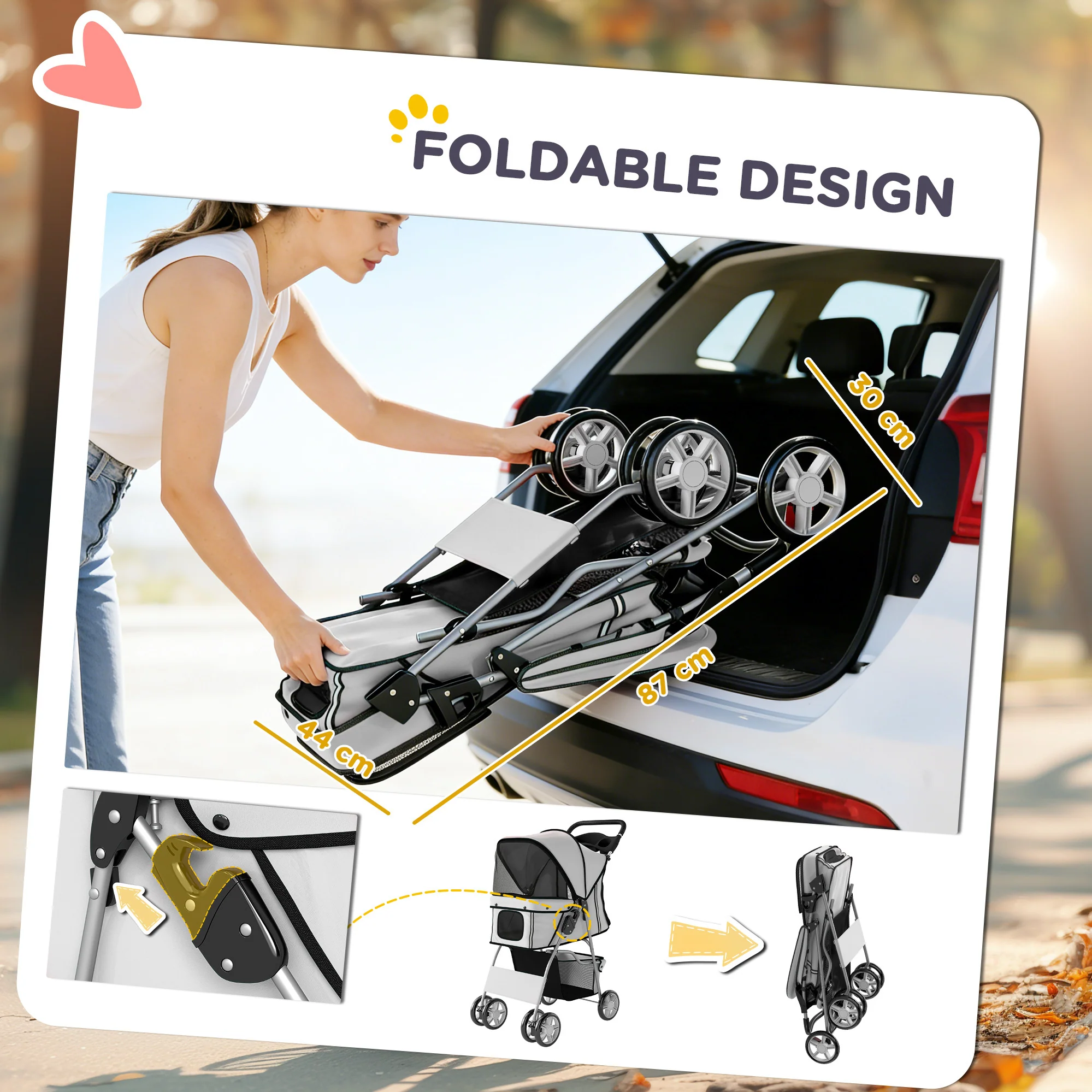 PawHut Pet Stroller Carrier Foldable Deluxe Walk Travel Dog, Grey - Image 4