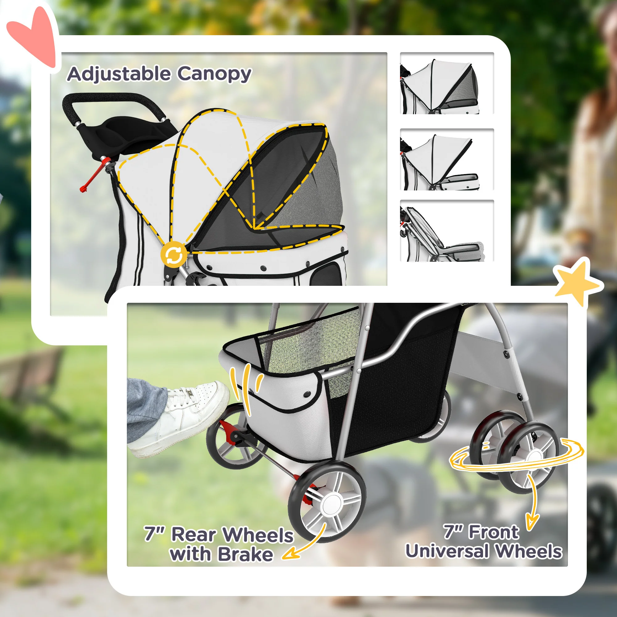PawHut Pet Stroller Carrier Foldable Deluxe Walk Travel Dog, Grey - Image 6