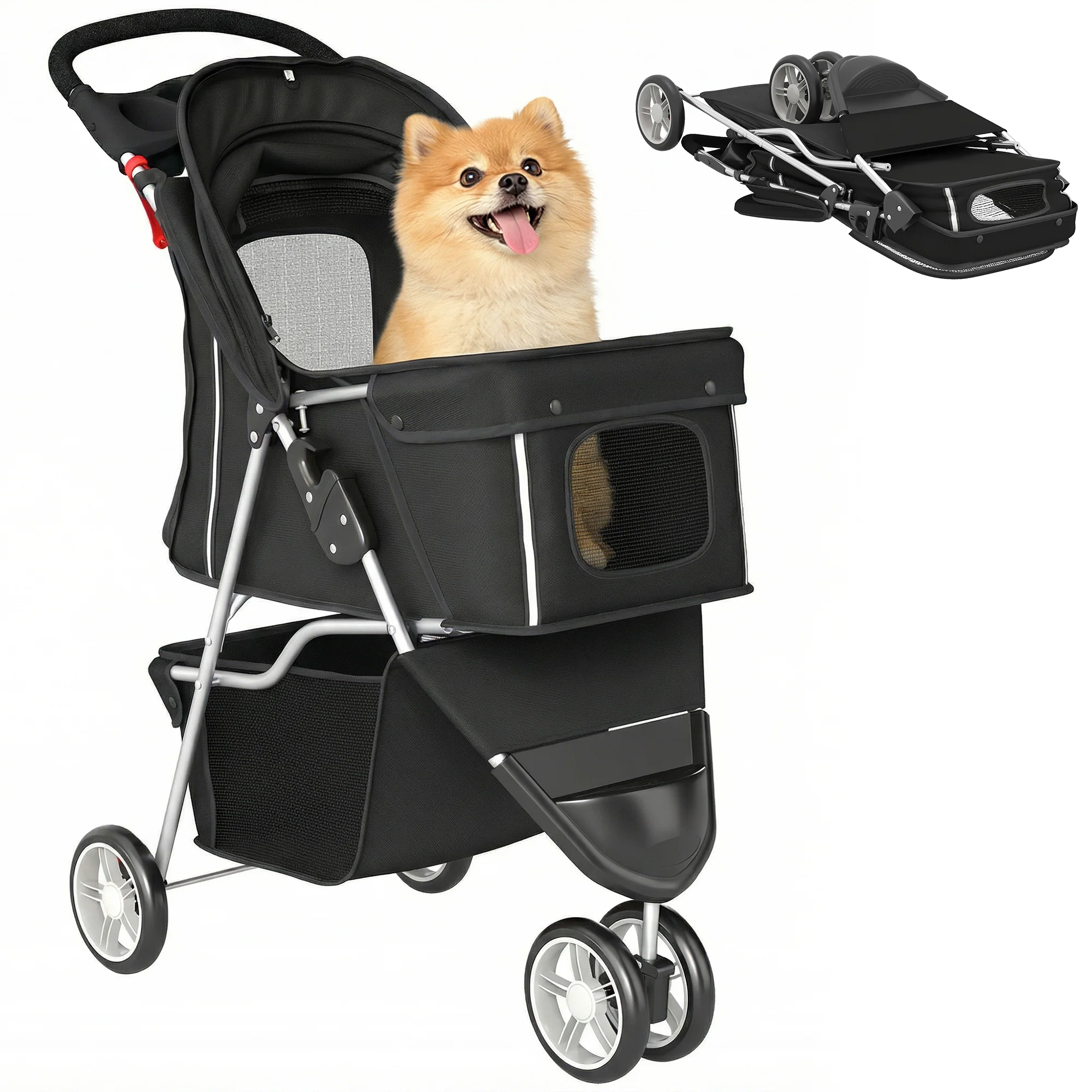 PawHut Pet Stroller Pushchair Carrier For Cat Puppy With 3 Wheels Black