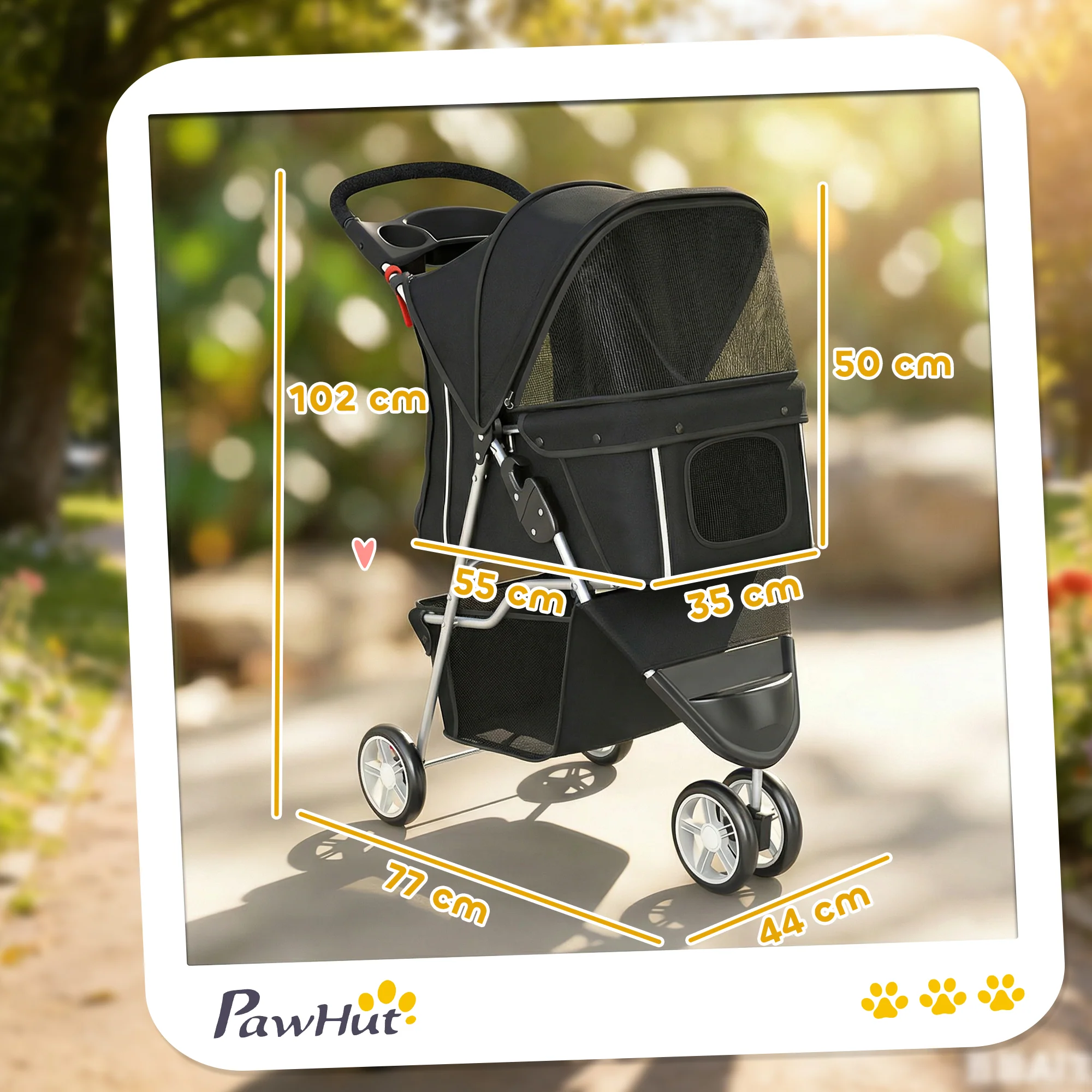 PawHut Pet Stroller Pushchair Carrier For Cat Puppy With 3 Wheels Black - Image 3