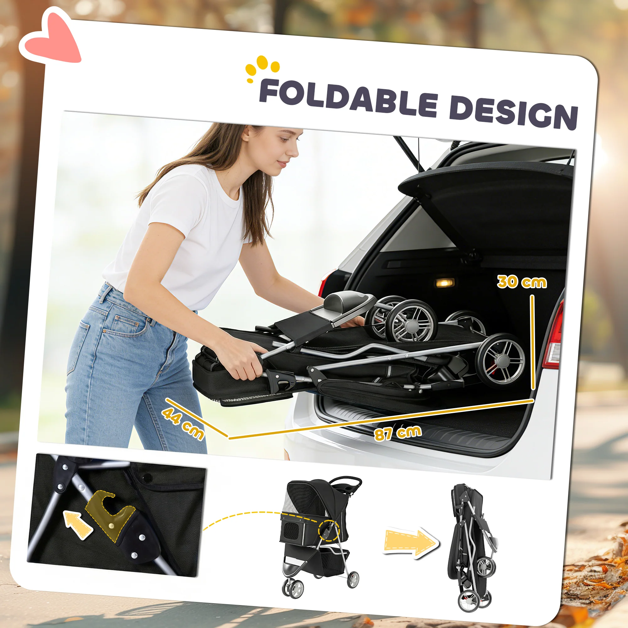 PawHut Pet Stroller Pushchair Carrier For Cat Puppy With 3 Wheels Black - Image 5