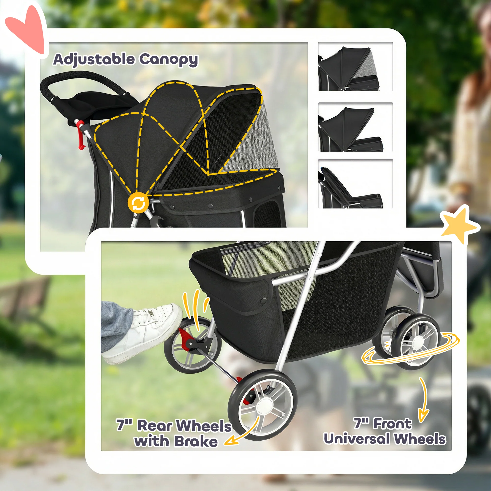 PawHut Pet Stroller Pushchair Carrier For Cat Puppy With 3 Wheels Black - Image 6