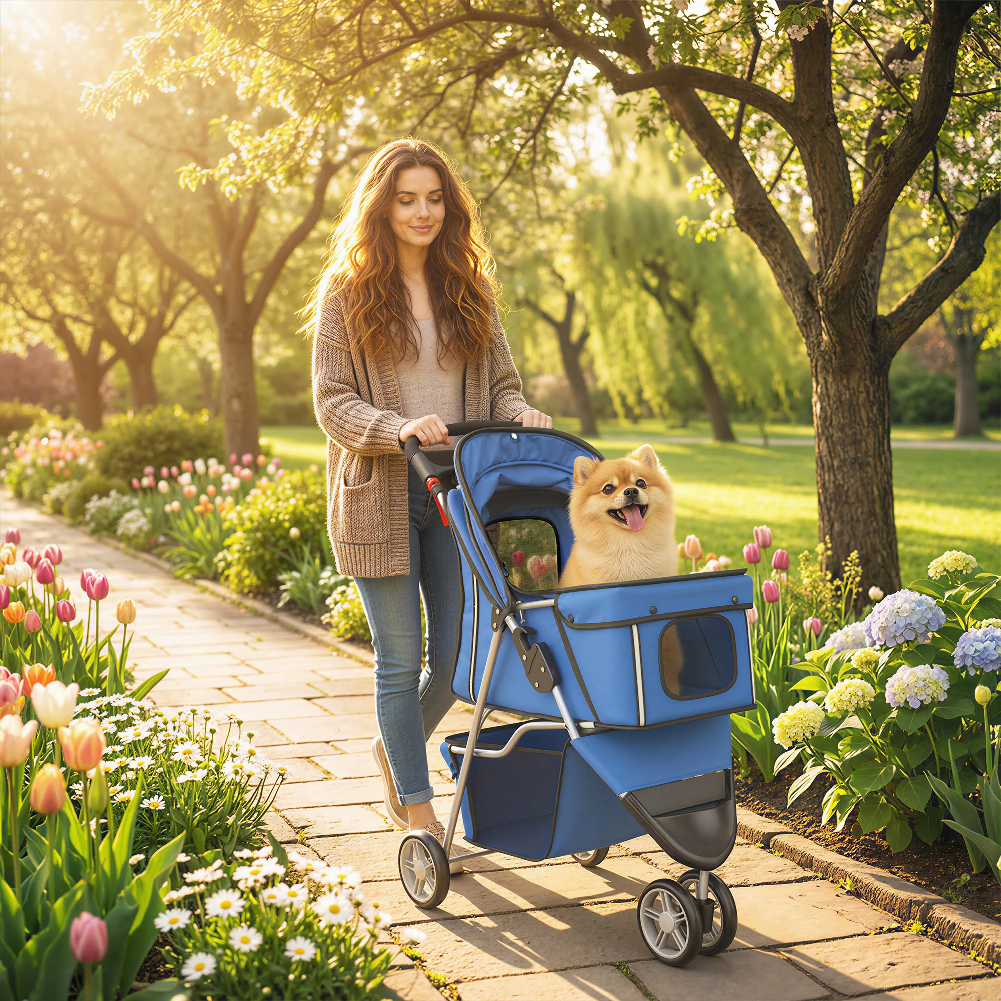 PawHut Pet Stroller Pushchair Carrier For Cat Puppy With 3 Wheels Blue - Image 2