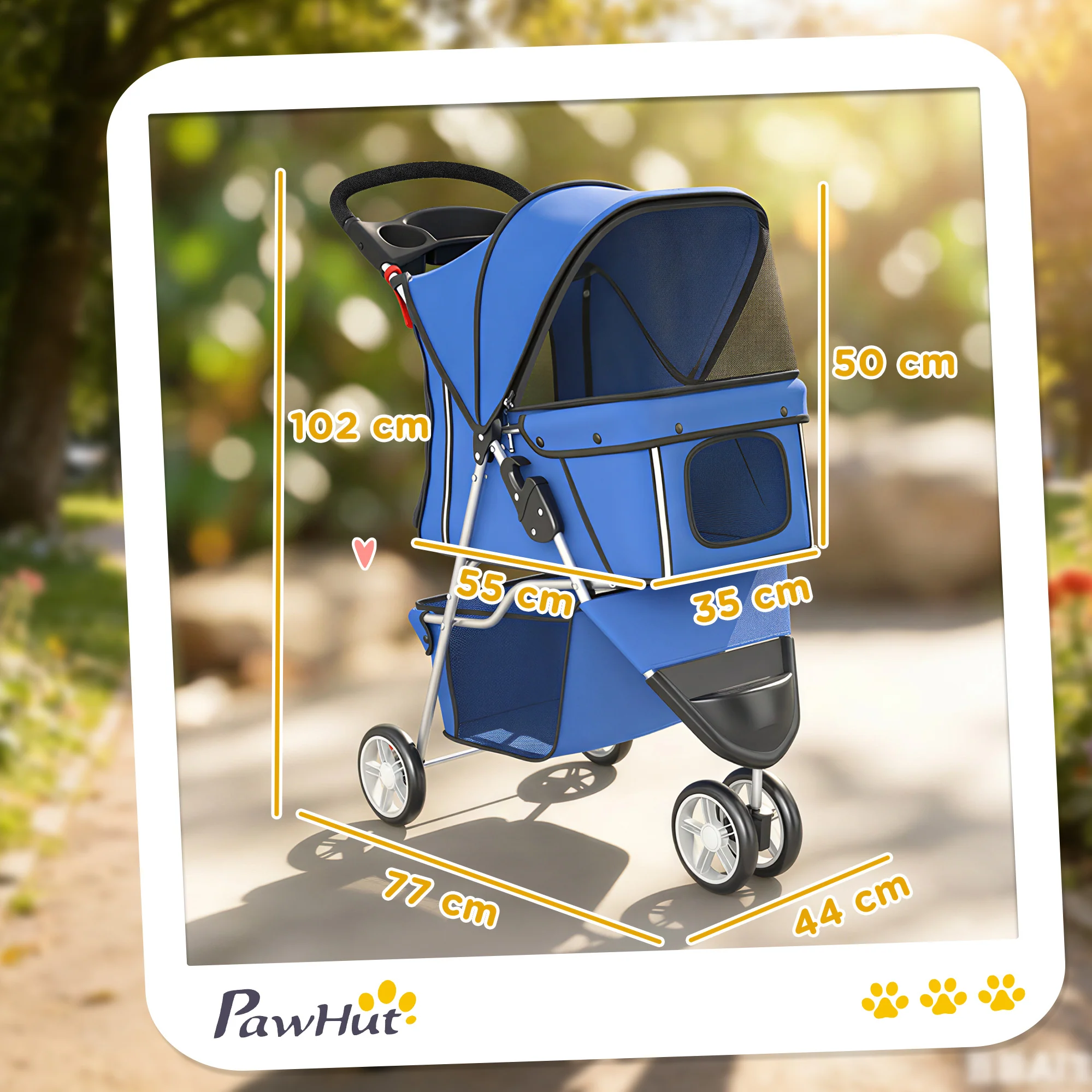 PawHut Pet Stroller Pushchair Carrier For Cat Puppy With 3 Wheels Blue - Image 5