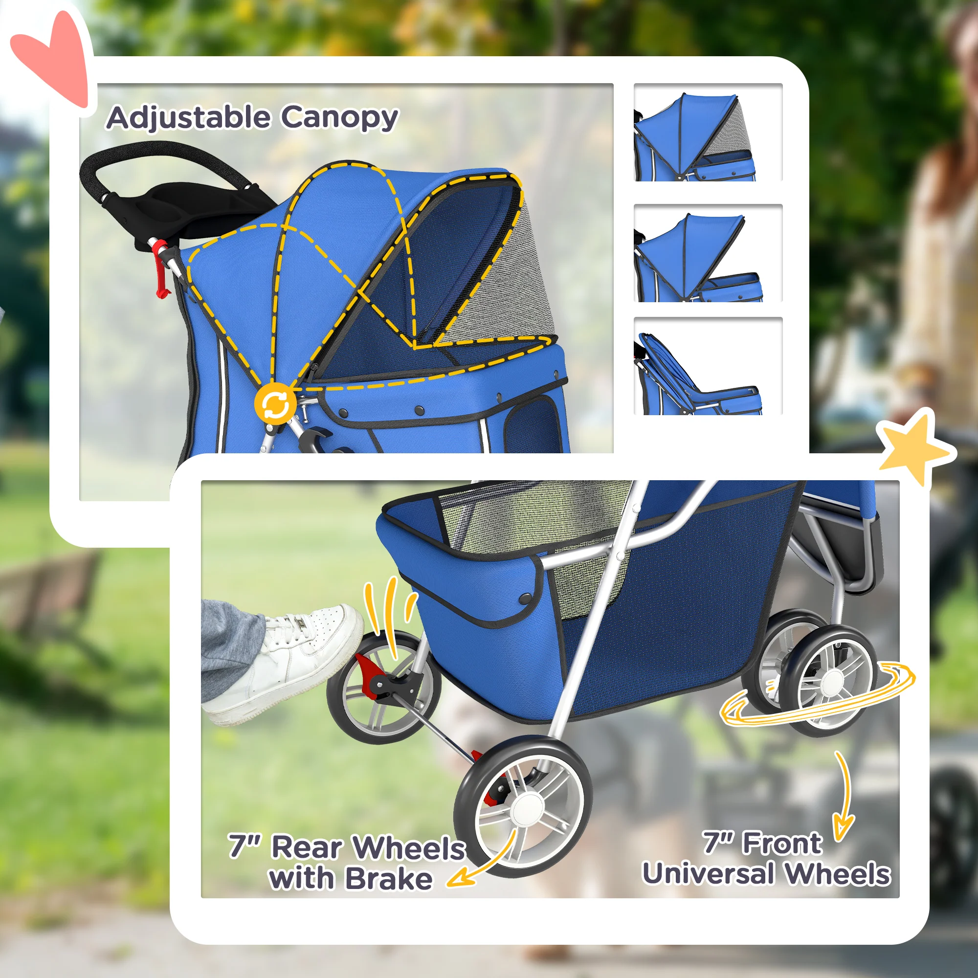 PawHut Pet Stroller Pushchair Carrier For Cat Puppy With 3 Wheels Blue - Image 6