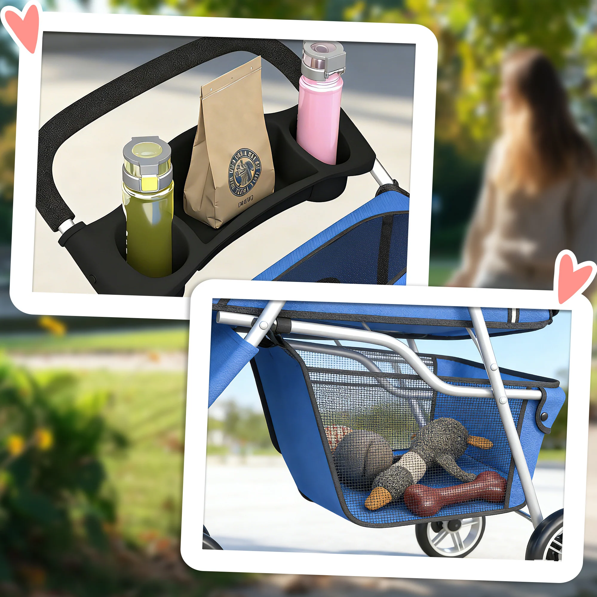 PawHut Pet Stroller Pushchair Carrier For Cat Puppy With 3 Wheels Blue - Image 8