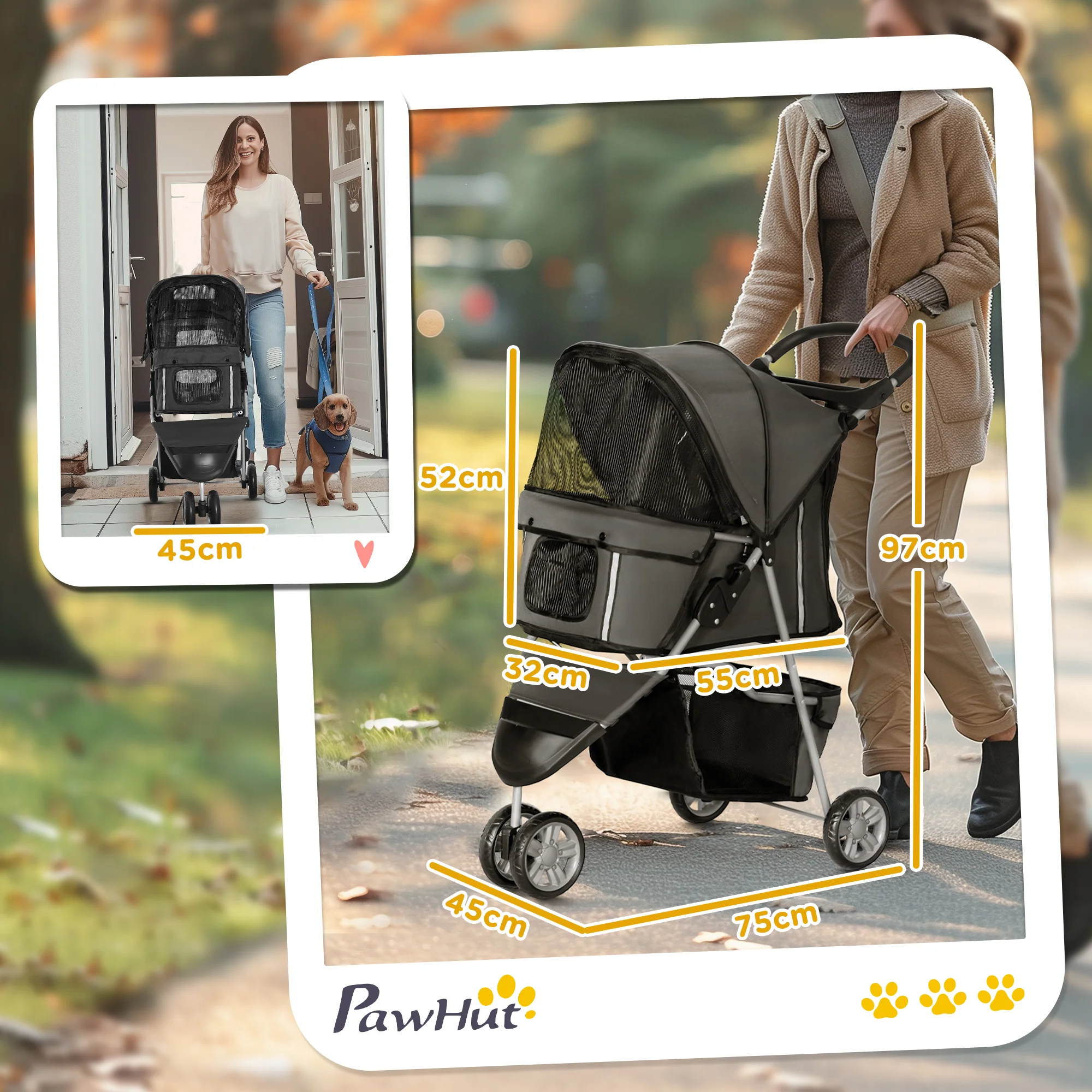 PawHut Pet Stroller Pushchair Carrier For Cat Puppy With 3 Wheels Dark Grey - Image 5
