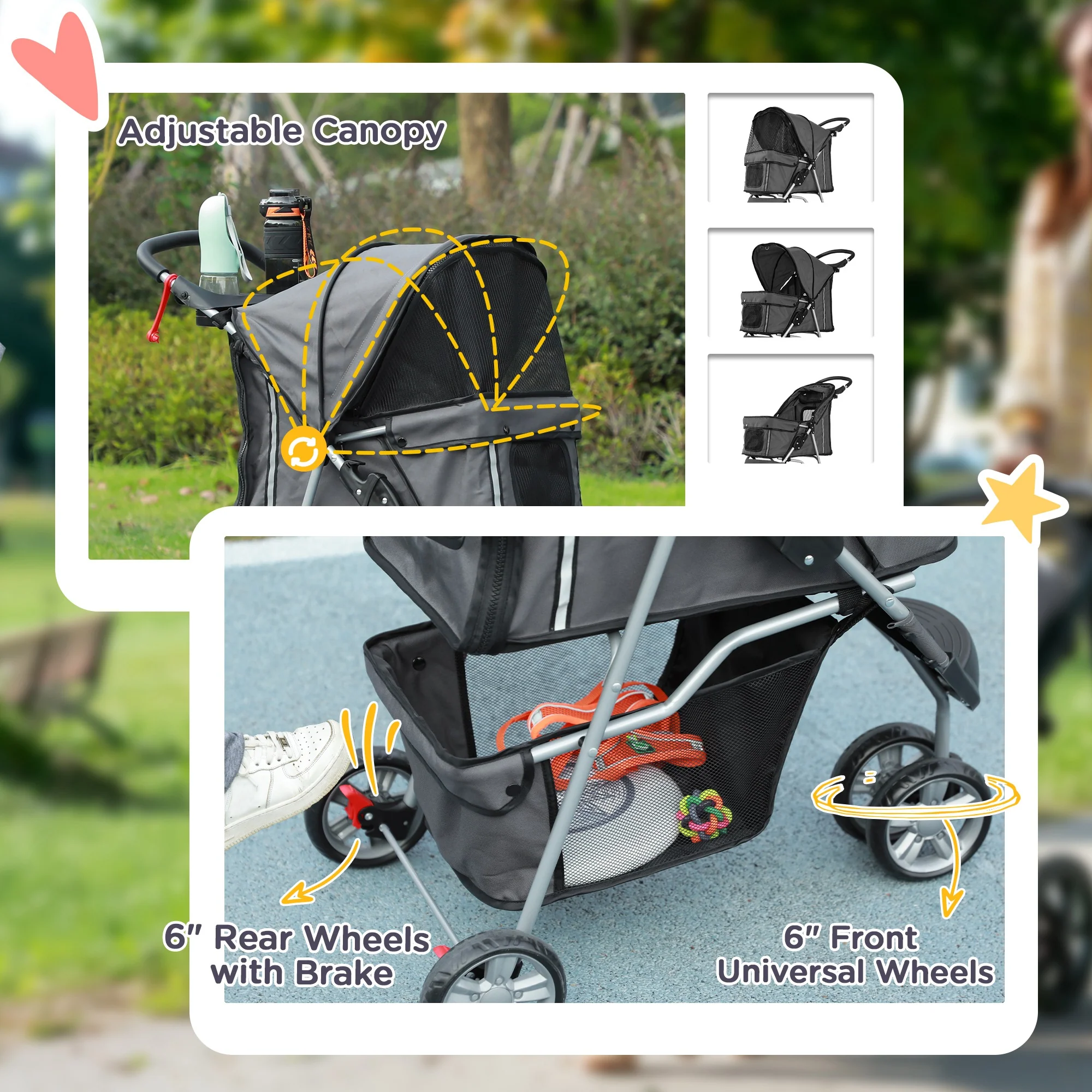 PawHut Pet Stroller Pushchair Carrier For Cat Puppy With 3 Wheels Dark Grey - Image 6