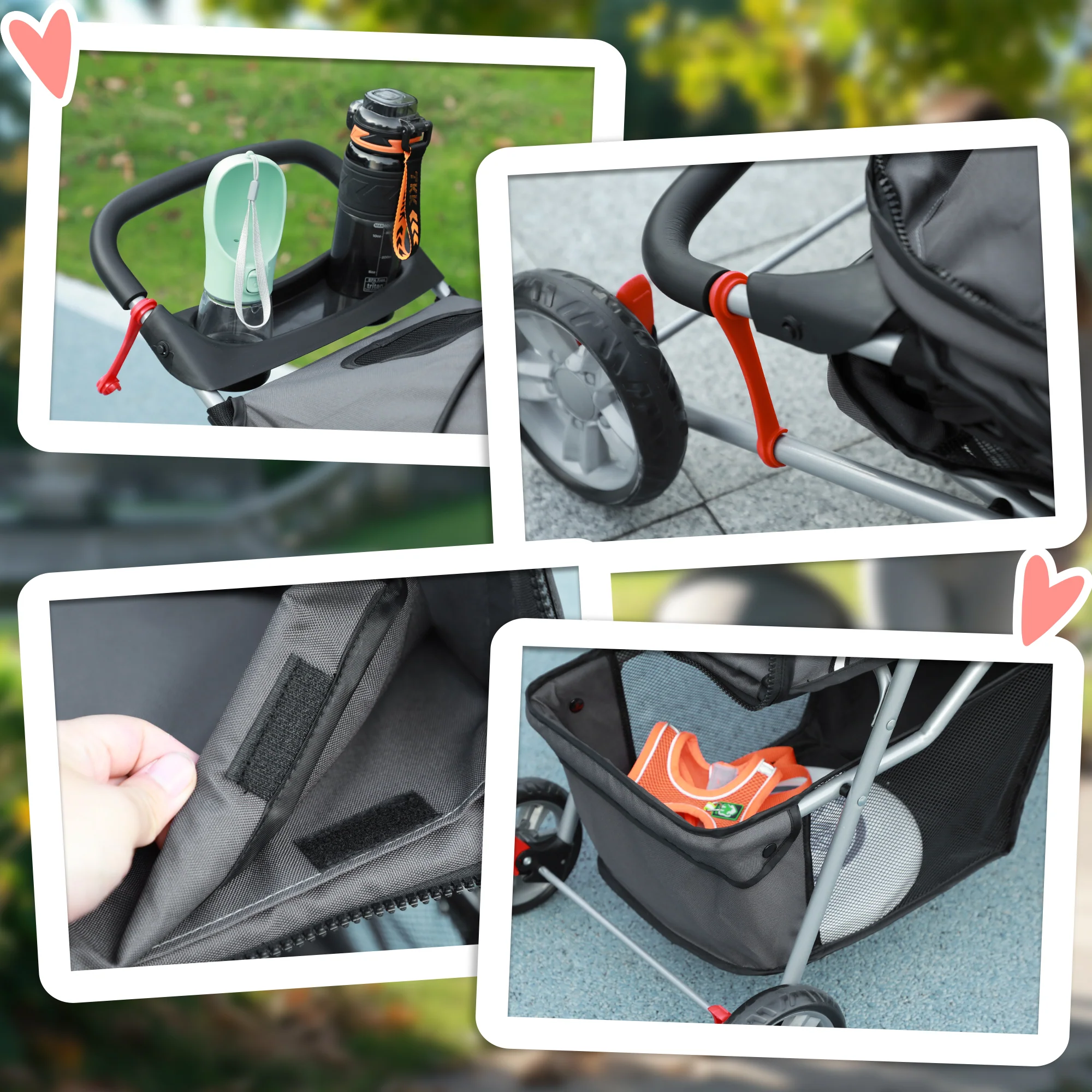 PawHut Pet Stroller Pushchair Carrier For Cat Puppy With 3 Wheels Dark Grey - Image 8