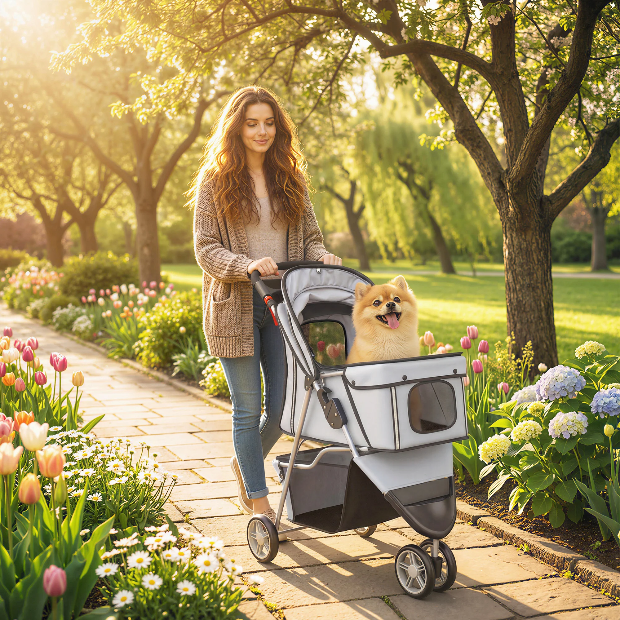 PawHut Pet Stroller Pushchair Carrier For Cat Puppy With 3 Wheels Grey - Image 2