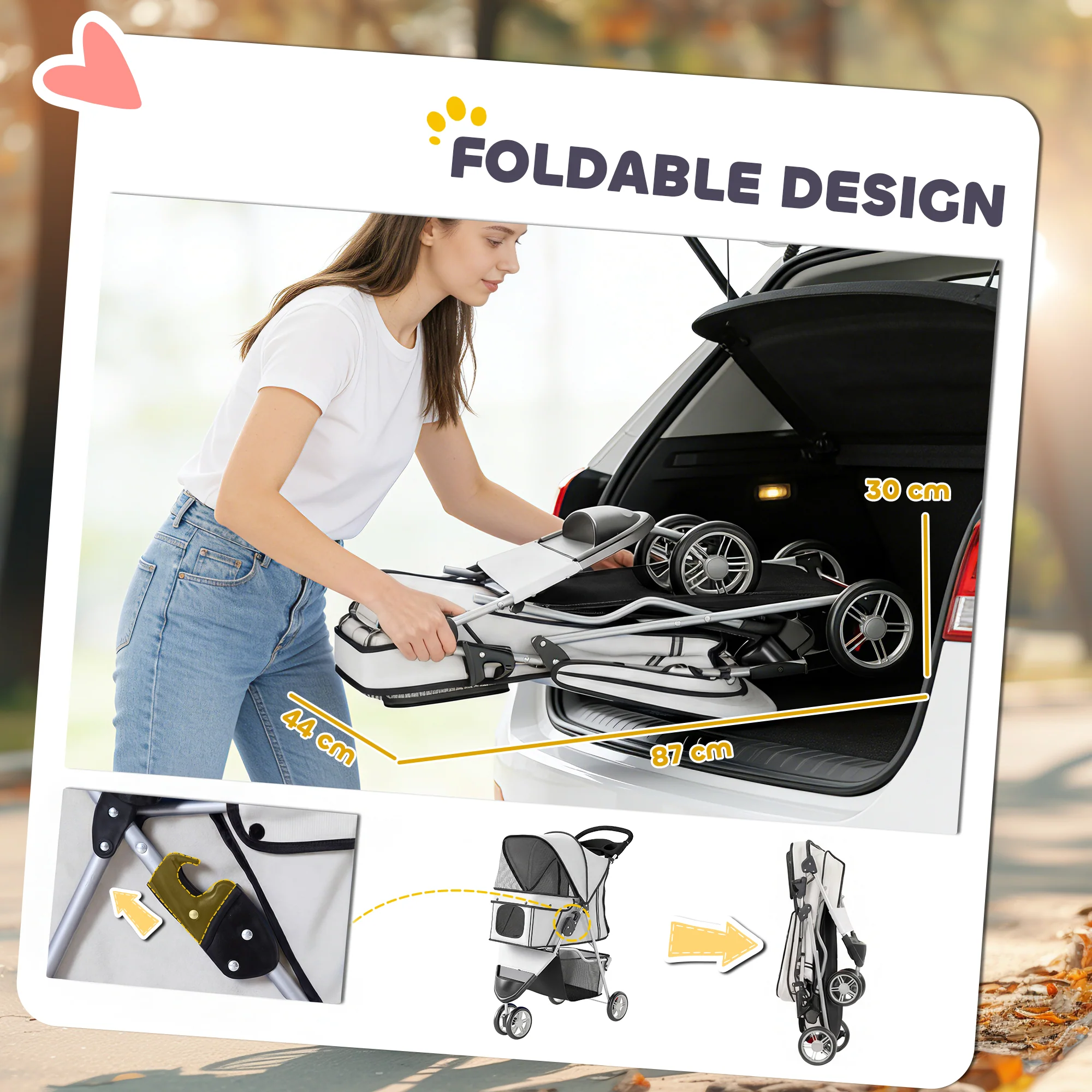 PawHut Pet Stroller Pushchair Carrier For Cat Puppy With 3 Wheels Grey - Image 4