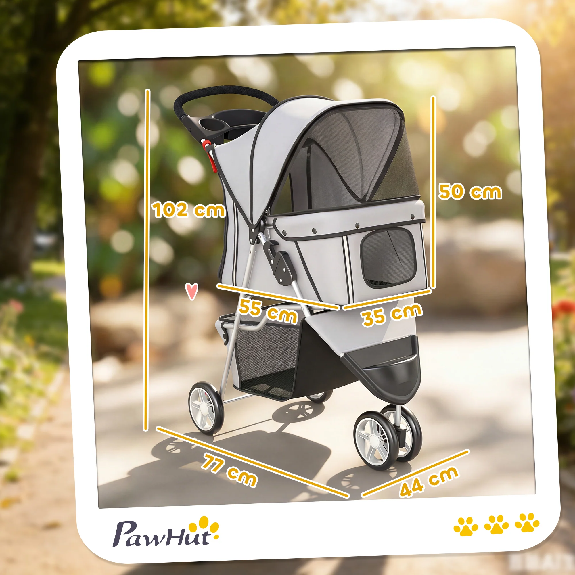 PawHut Pet Stroller Pushchair Carrier For Cat Puppy With 3 Wheels Grey - Image 5