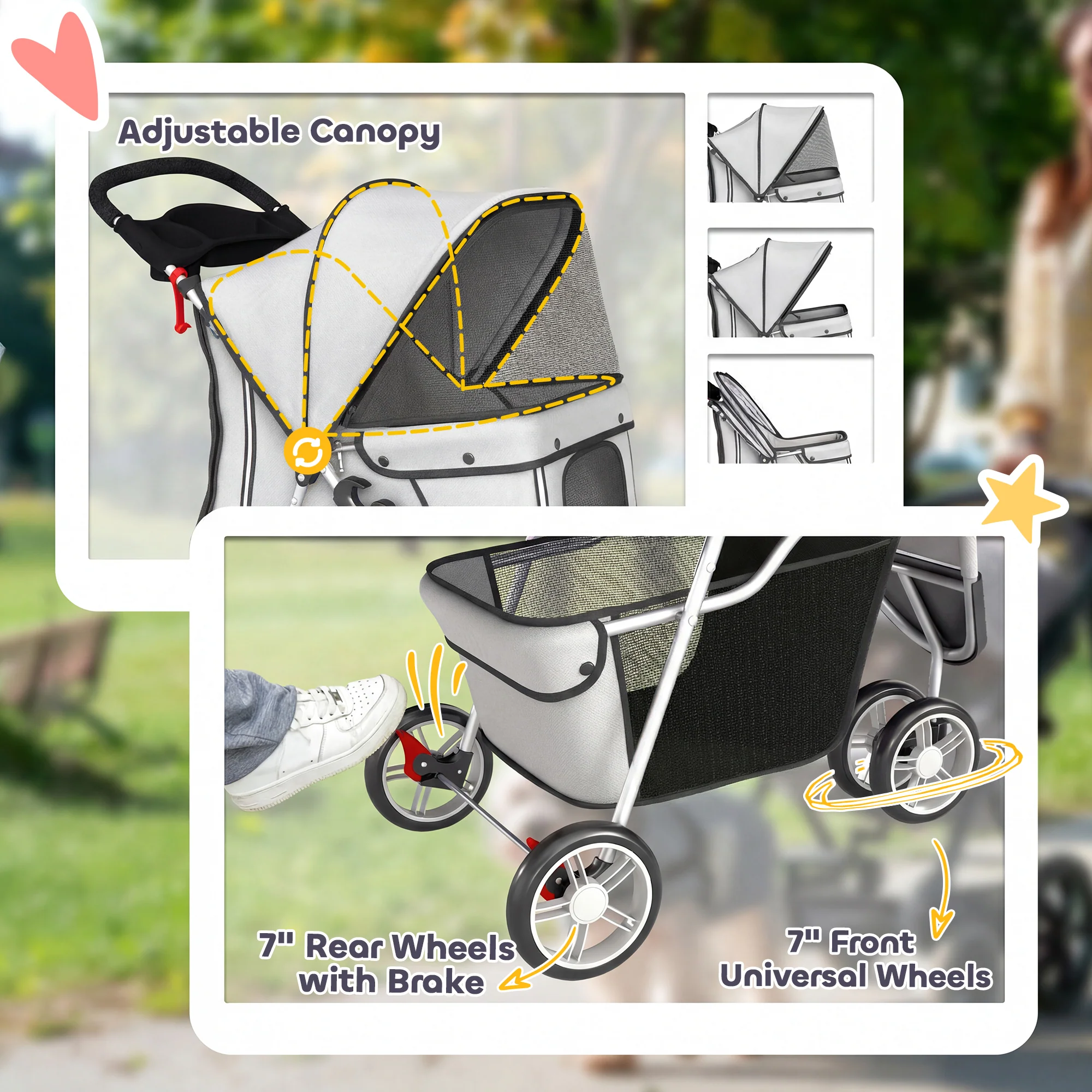 PawHut Pet Stroller Pushchair Carrier For Cat Puppy With 3 Wheels Grey - Image 6