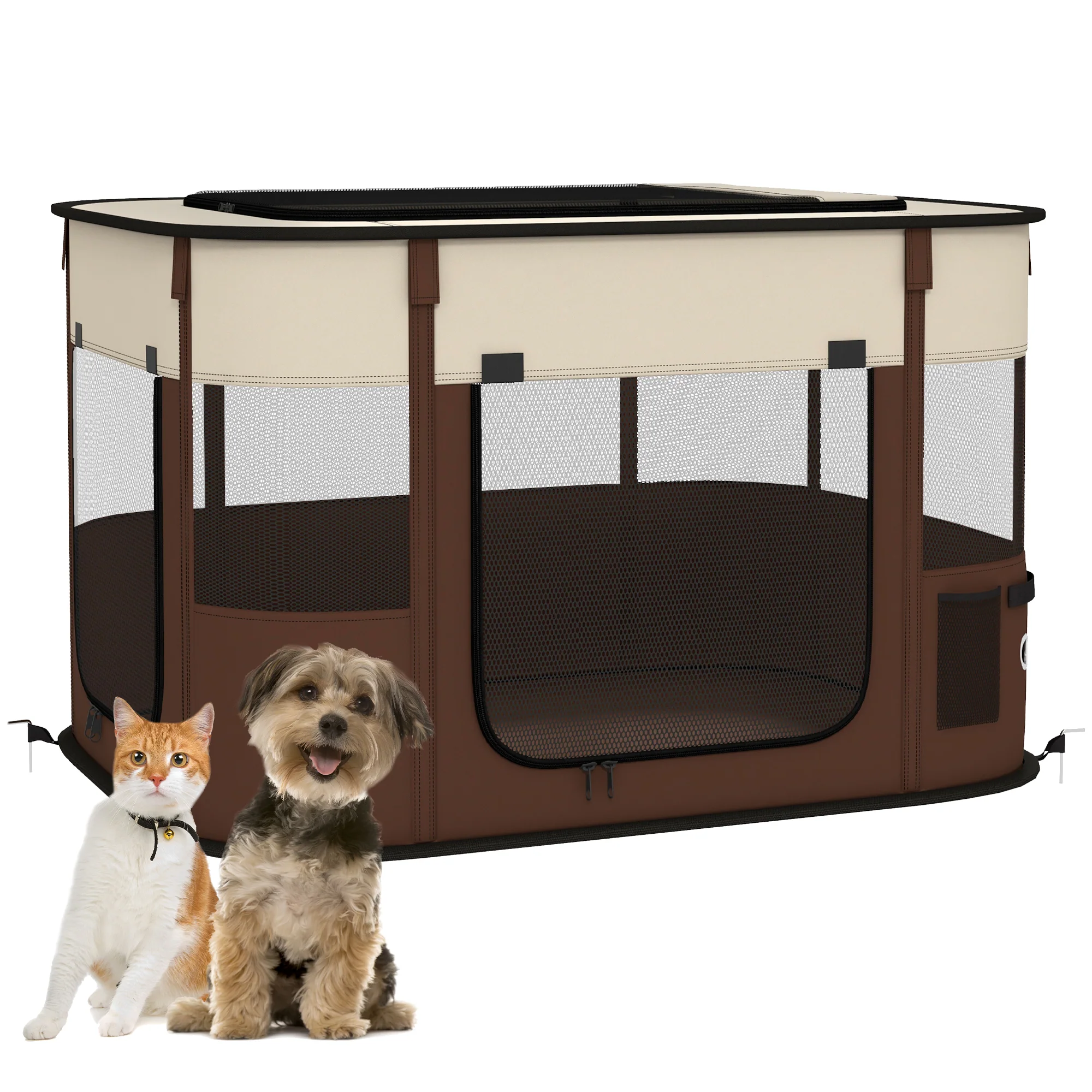 PawHut Portable Dog Pen For Puppies, Rabbits, Kittens, Guinea Pigs - Brown - Image 10