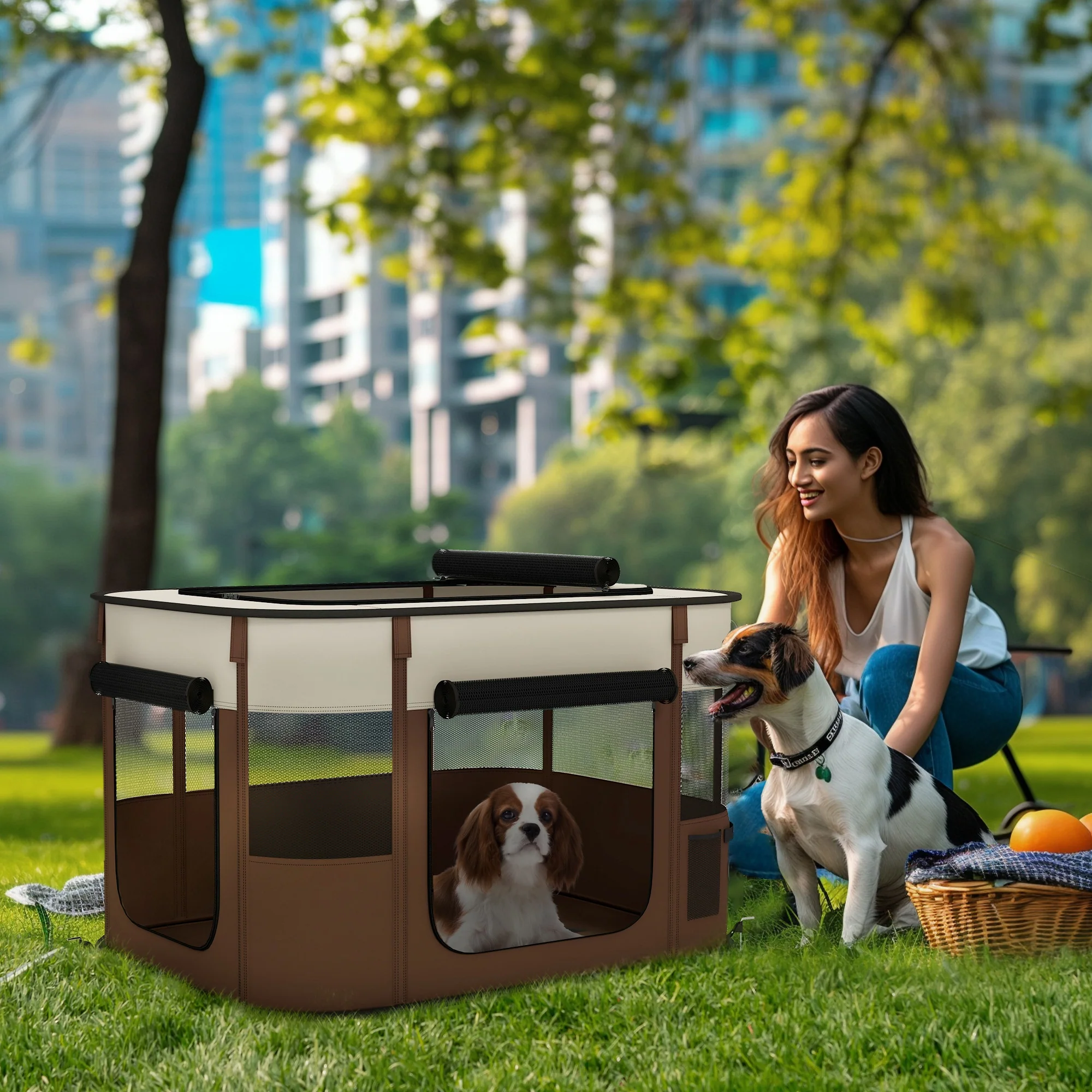 PawHut Portable Dog Pen For Puppies, Rabbits, Kittens, Guinea Pigs - Brown - Image 11