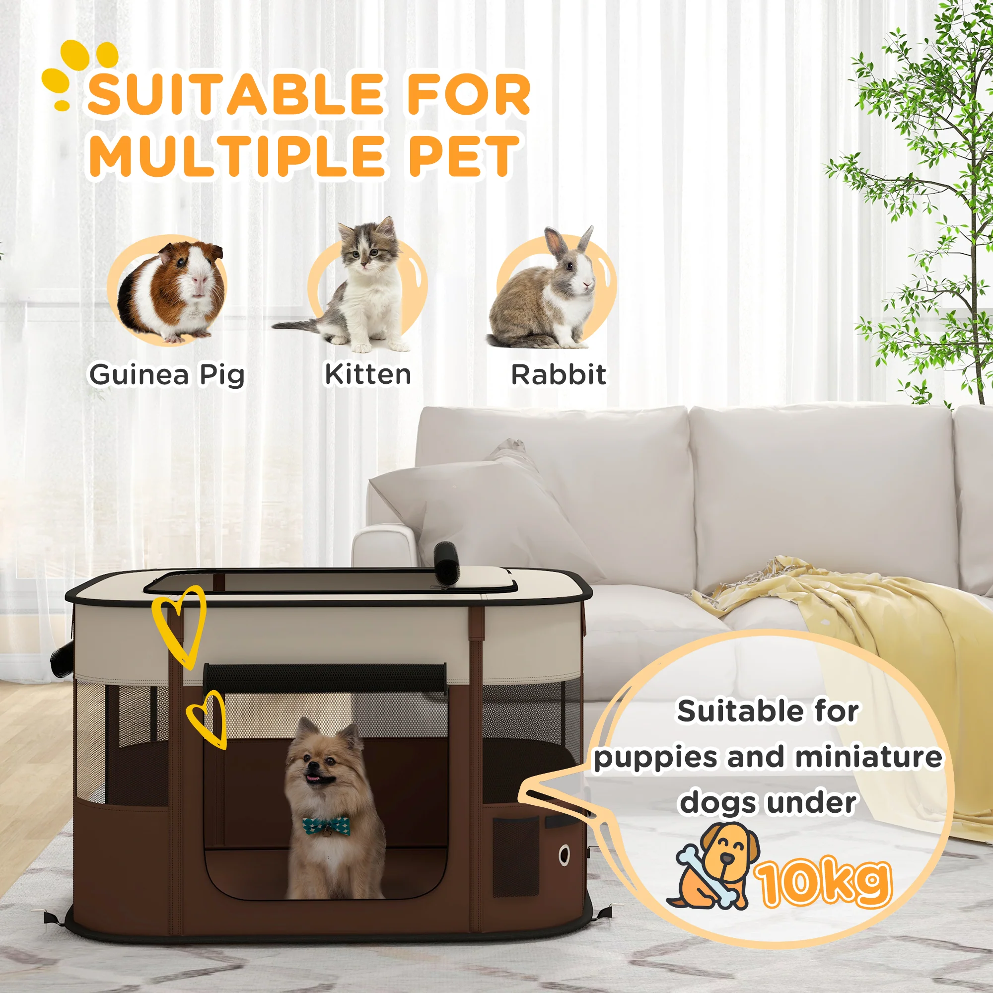 PawHut Portable Dog Pen For Puppies, Rabbits, Kittens, Guinea Pigs - Brown - Image 12