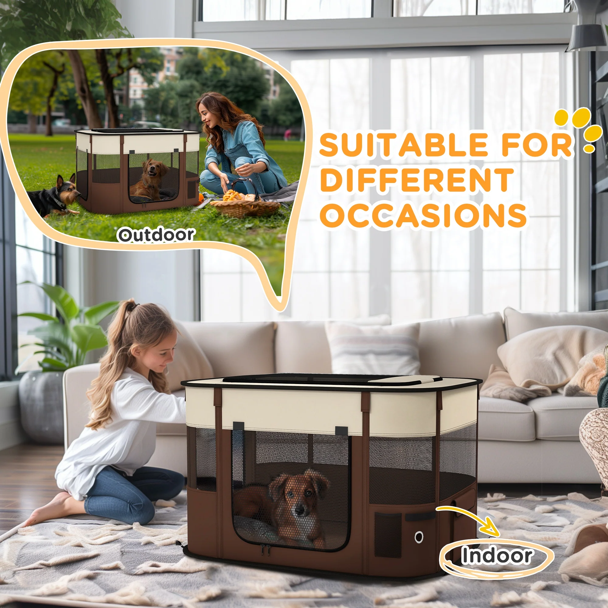 PawHut Portable Dog Pen For Puppies, Rabbits, Kittens, Guinea Pigs - Brown - Image 16