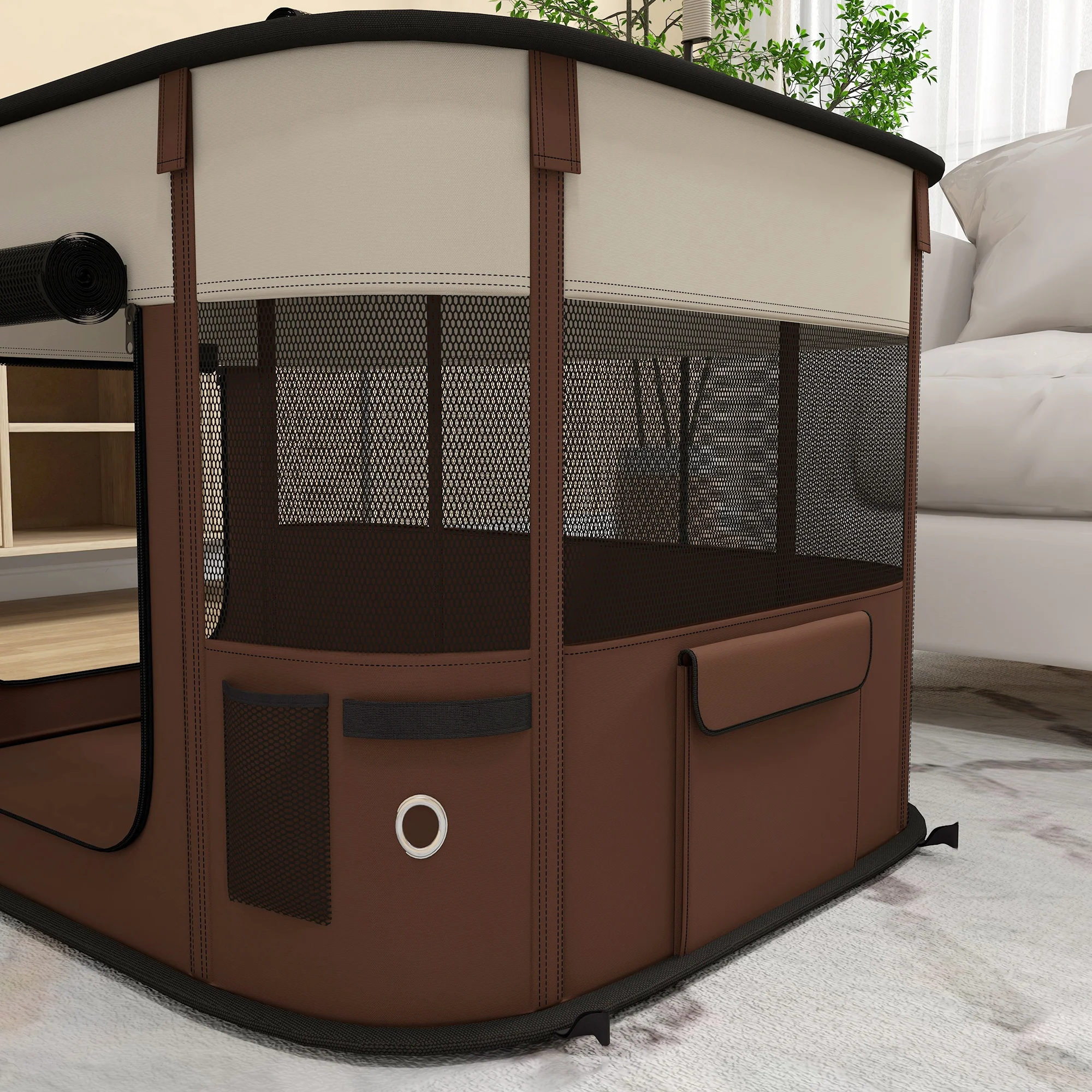 PawHut Portable Dog Pen For Puppies, Rabbits, Kittens, Guinea Pigs - Brown - Image 18