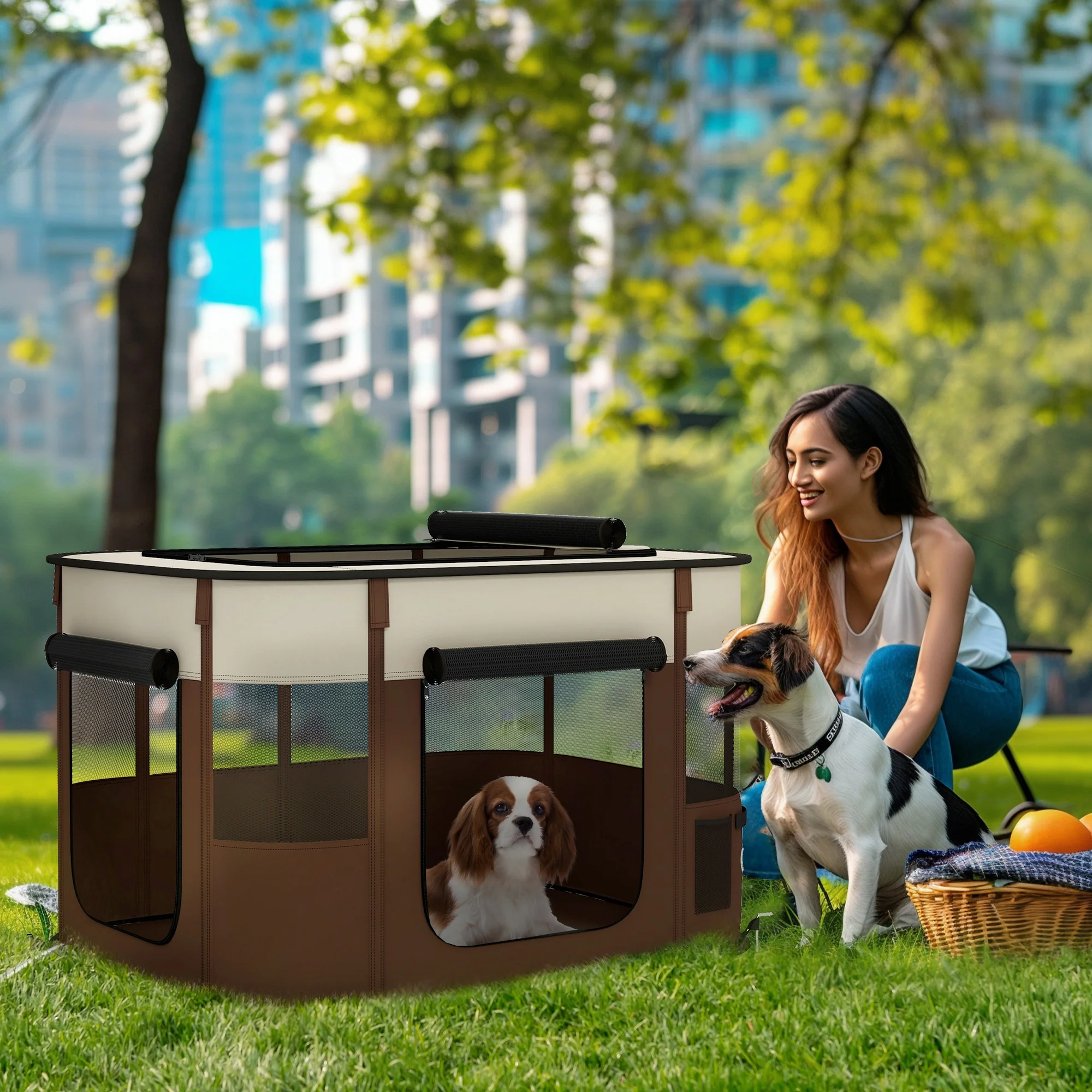PawHut Portable Dog Pen For Puppies, Rabbits, Kittens, Guinea Pigs - Brown - Image 20