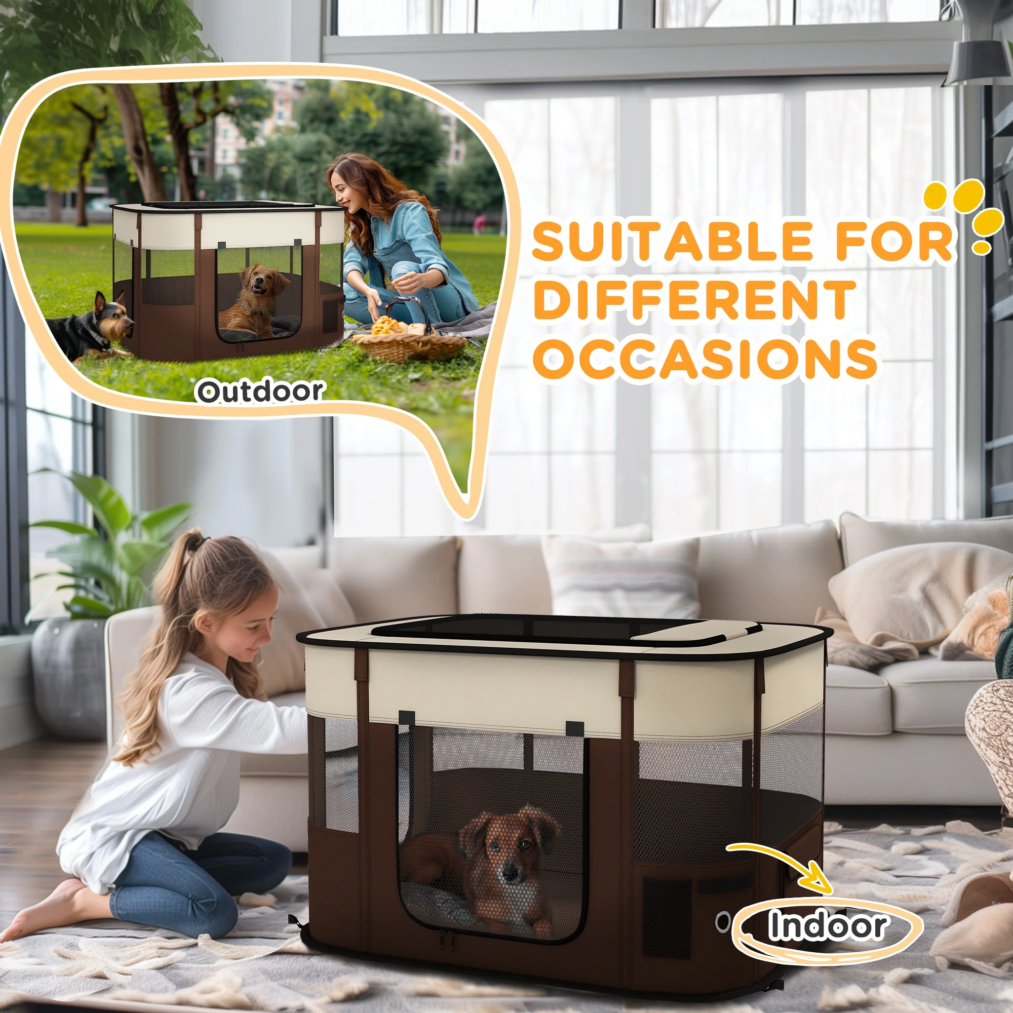 PawHut Portable Dog Pen For Puppies, Rabbits, Kittens, Guinea Pigs - Brown - Image 25
