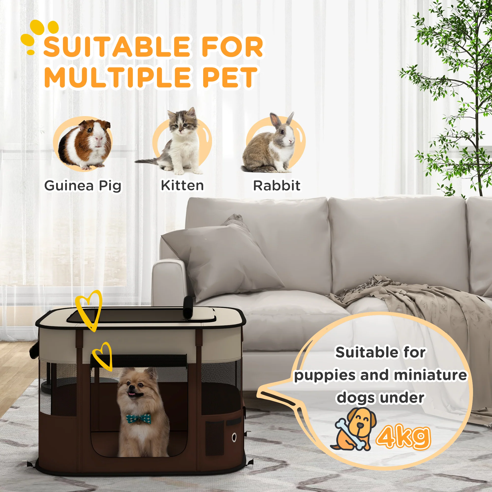 PawHut Portable Dog Pen For Puppies, Rabbits, Kittens, Guinea Pigs - Brown - Image 3