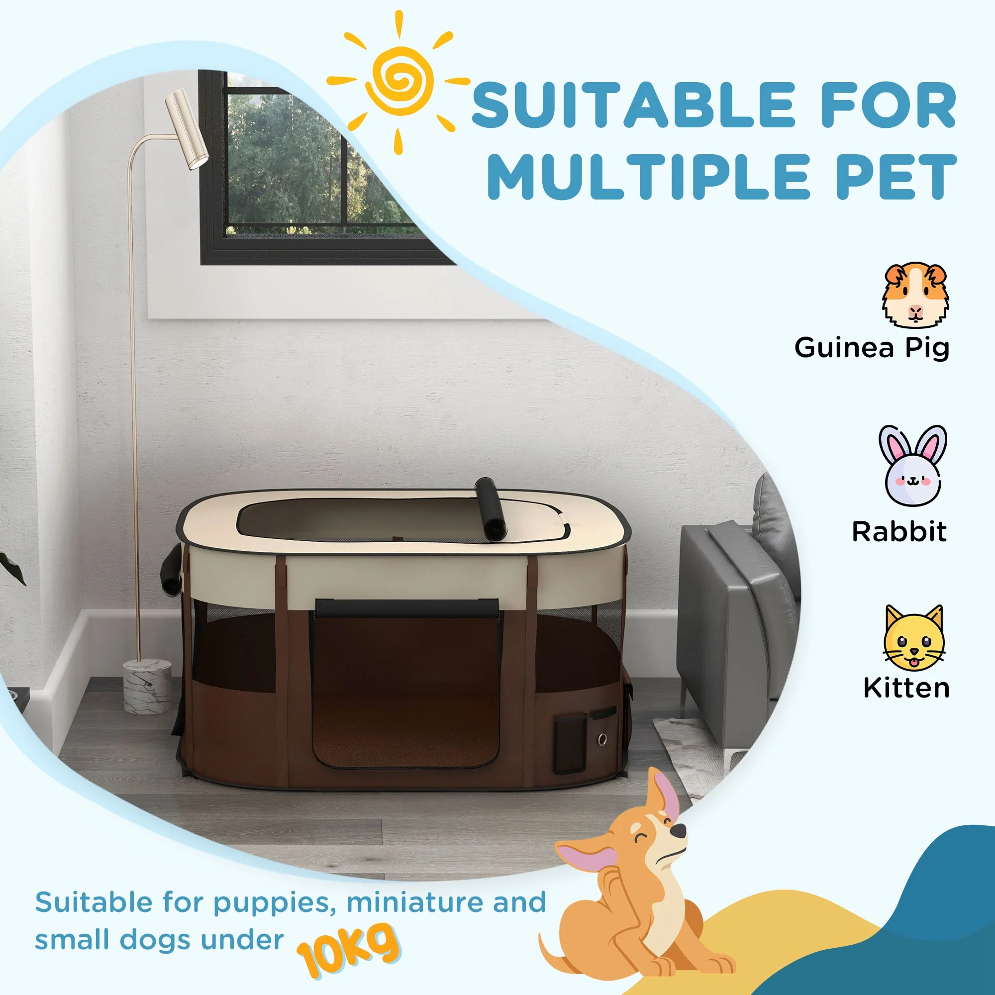 PawHut Portable Dog Pen For Puppies, Rabbits, Kittens, Guinea Pigs - Brown - Image 30