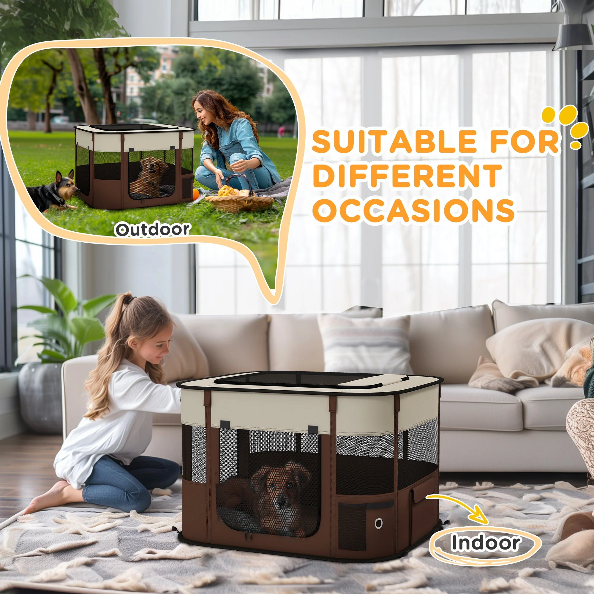 PawHut Portable Dog Pen For Puppies, Rabbits, Kittens, Guinea Pigs - Brown - Image 7