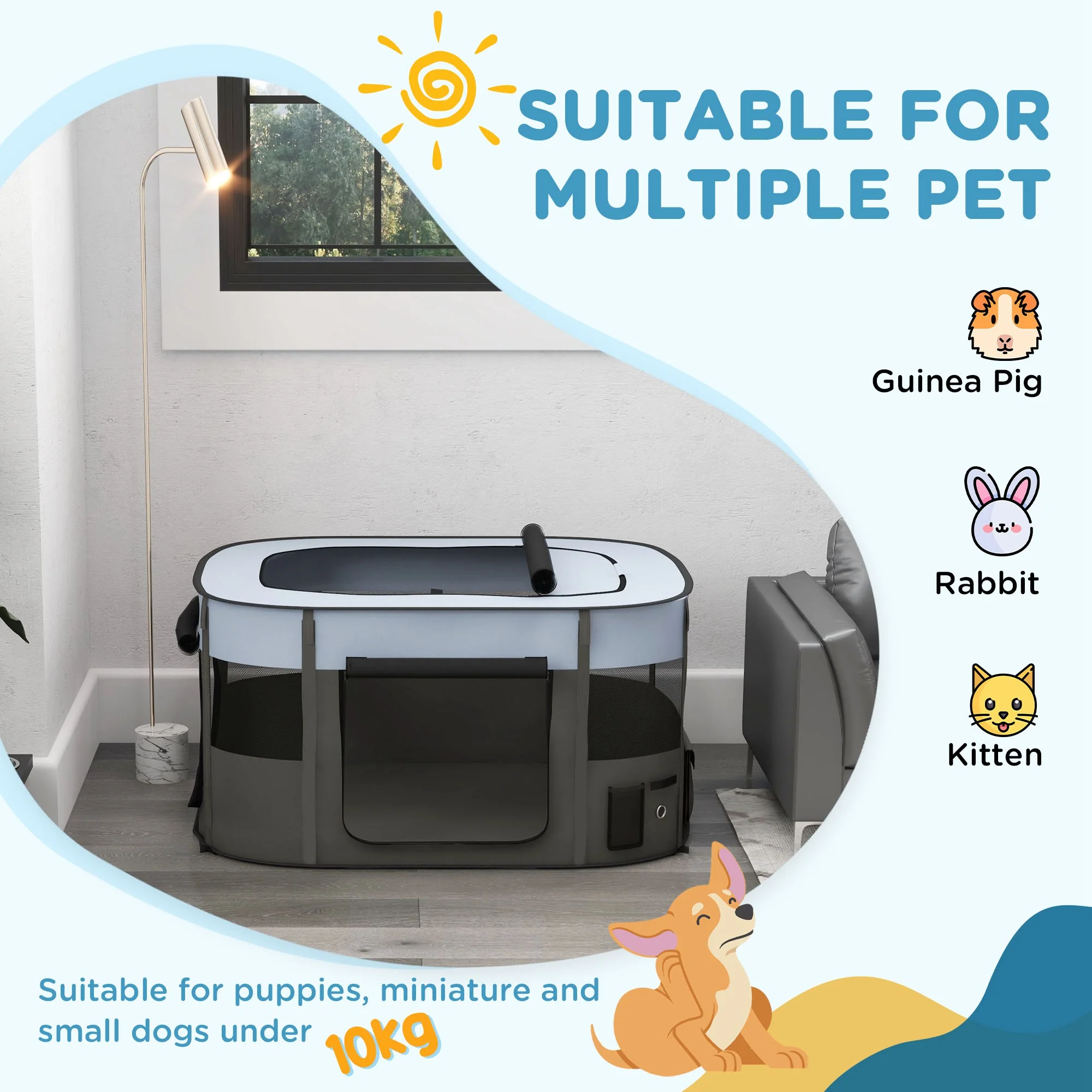 PawHut Portable Dog Pen for Puppies, Rabbits, Kittens, Guinea Pigs - Grey - Image 30