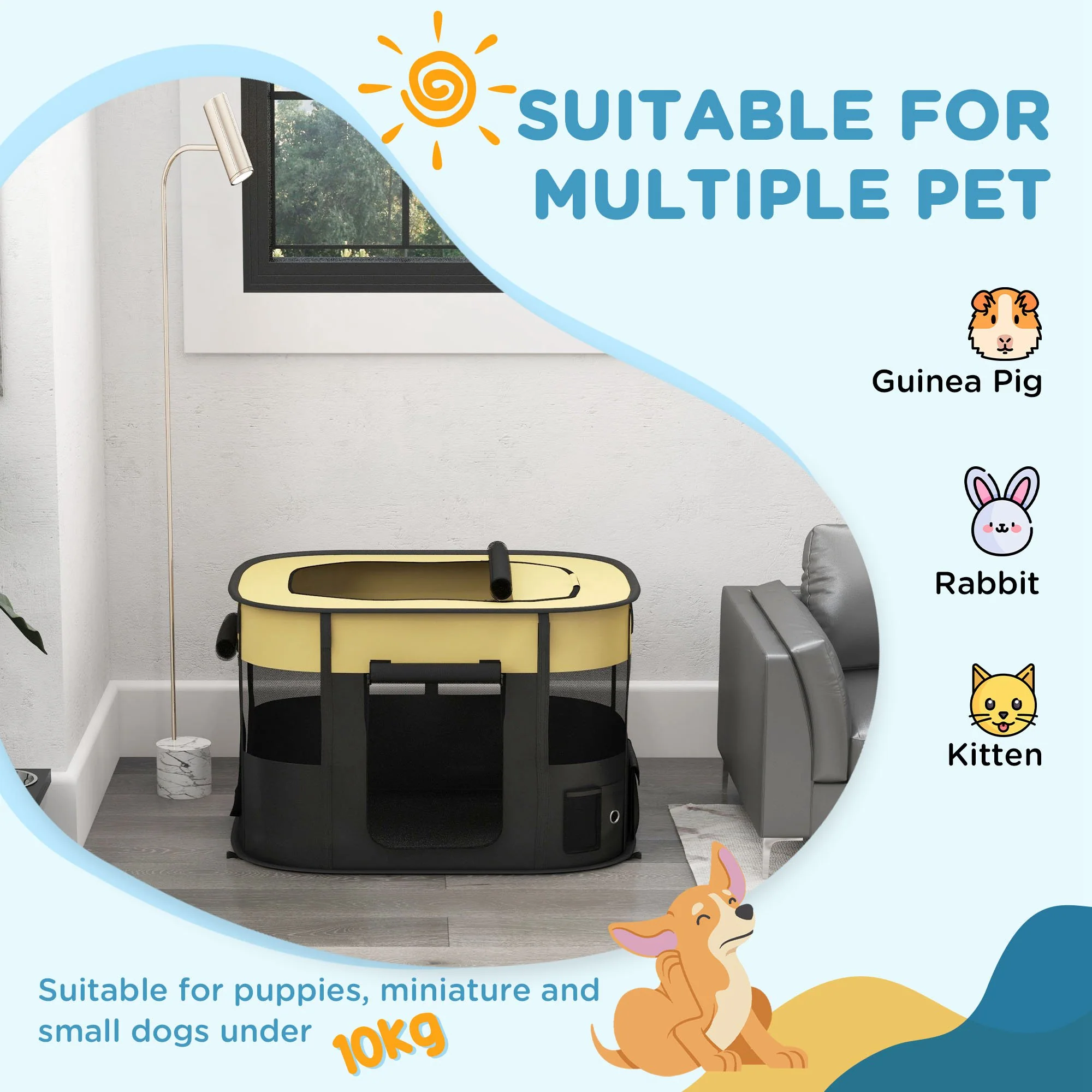 PawHut Portable Dog Pen for Puppies, Rabbits, Kittens, Guinea Pigs - Yellow - Image 3