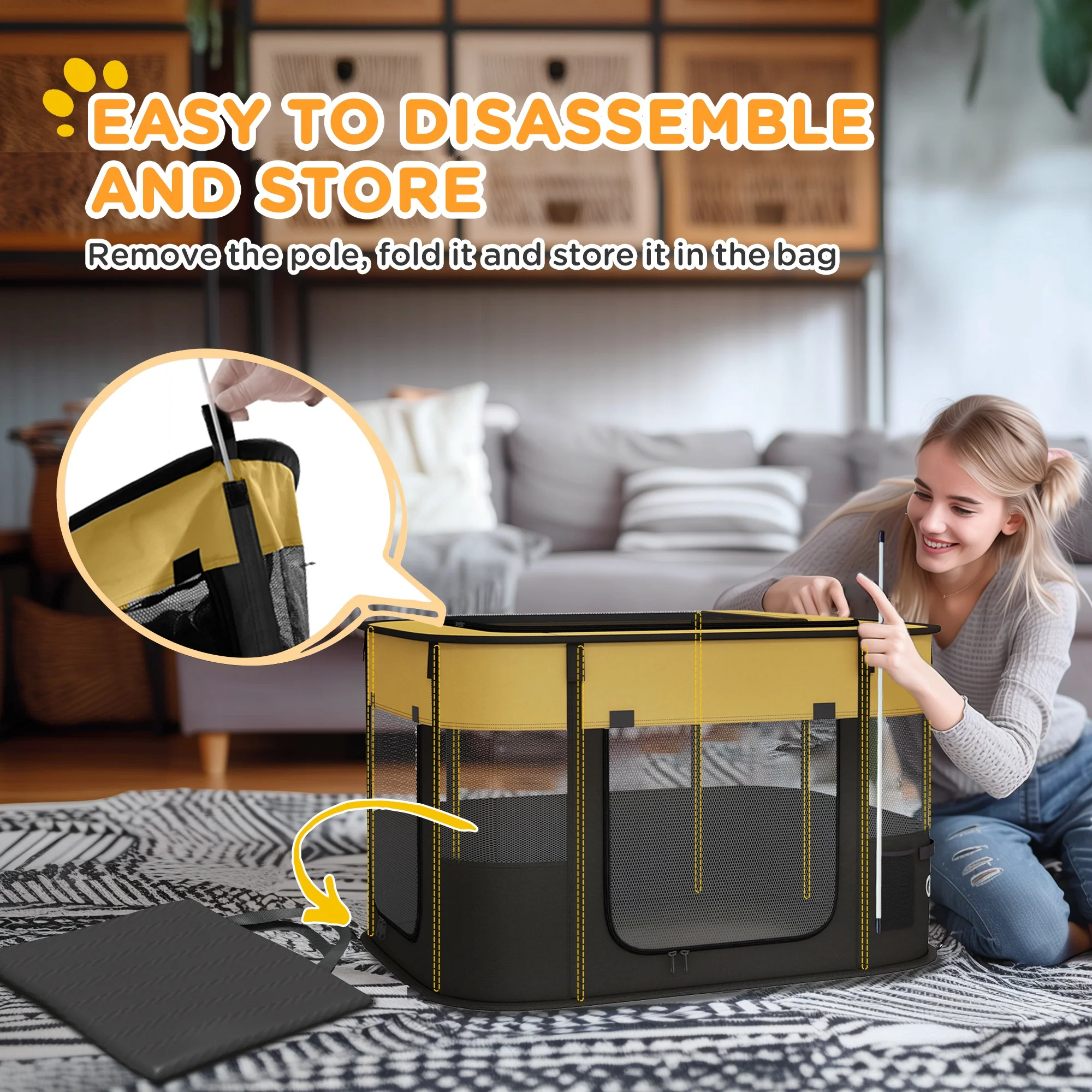 PawHut Portable Dog Pen For Puppies, Rabbits, Kittens, Guinea Pigs - Yellow - Image 6