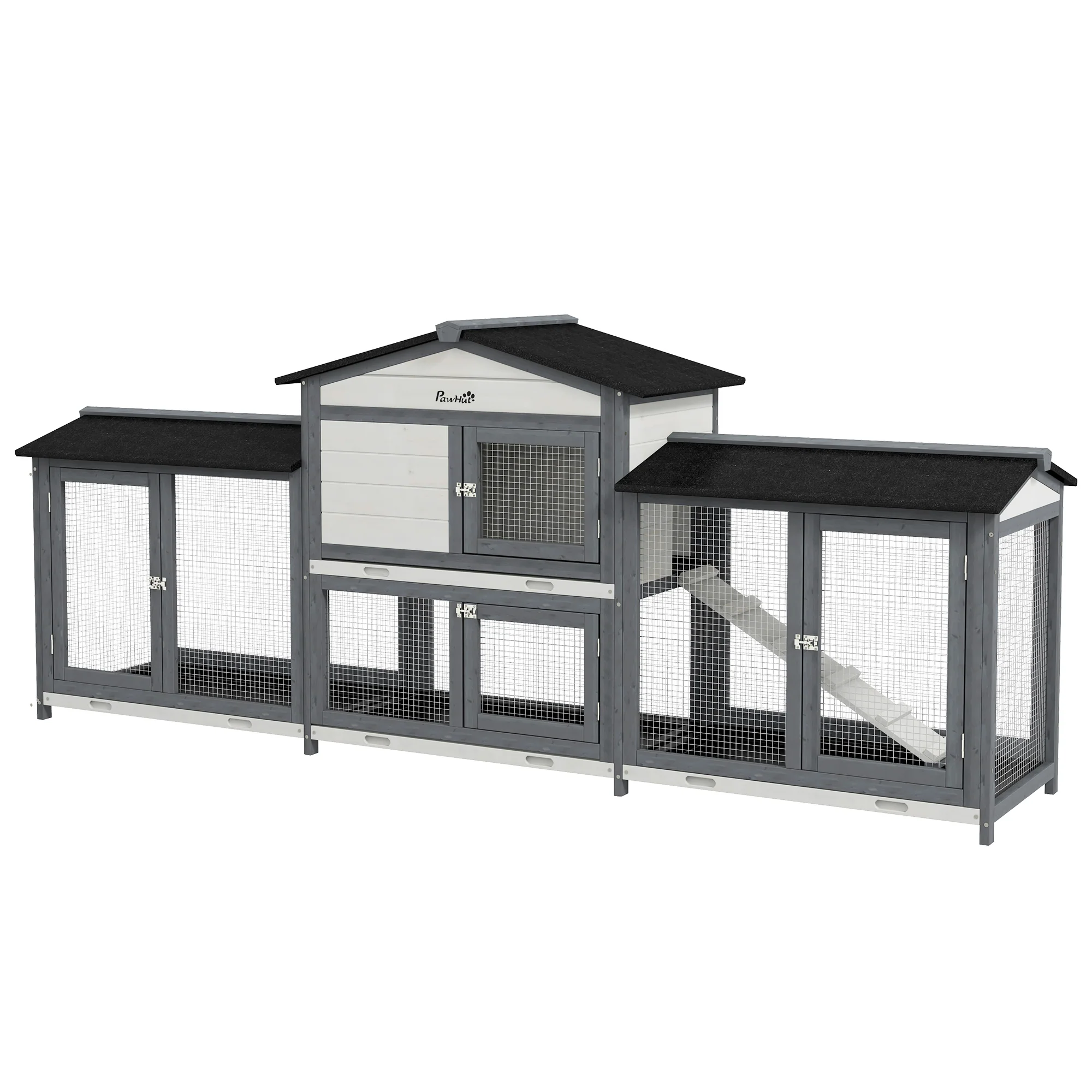 PawHut Rabbit Hutch, 2-Tier Guinea Pig Hutch, w/ Two Runs, Pull-Out Tray