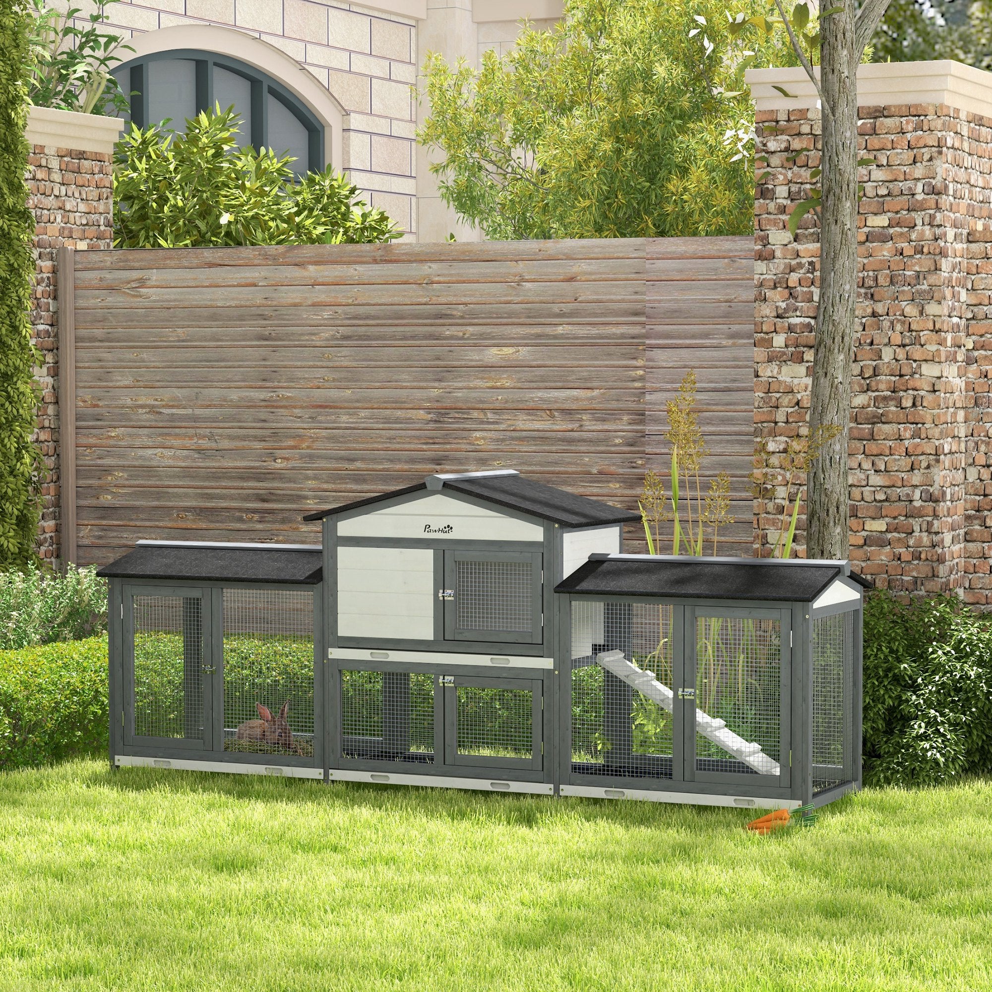 PawHut Rabbit Hutch, 2-Tier Guinea Pig Hutch, w/ Two Runs, Pull-Out Tray - Image 2