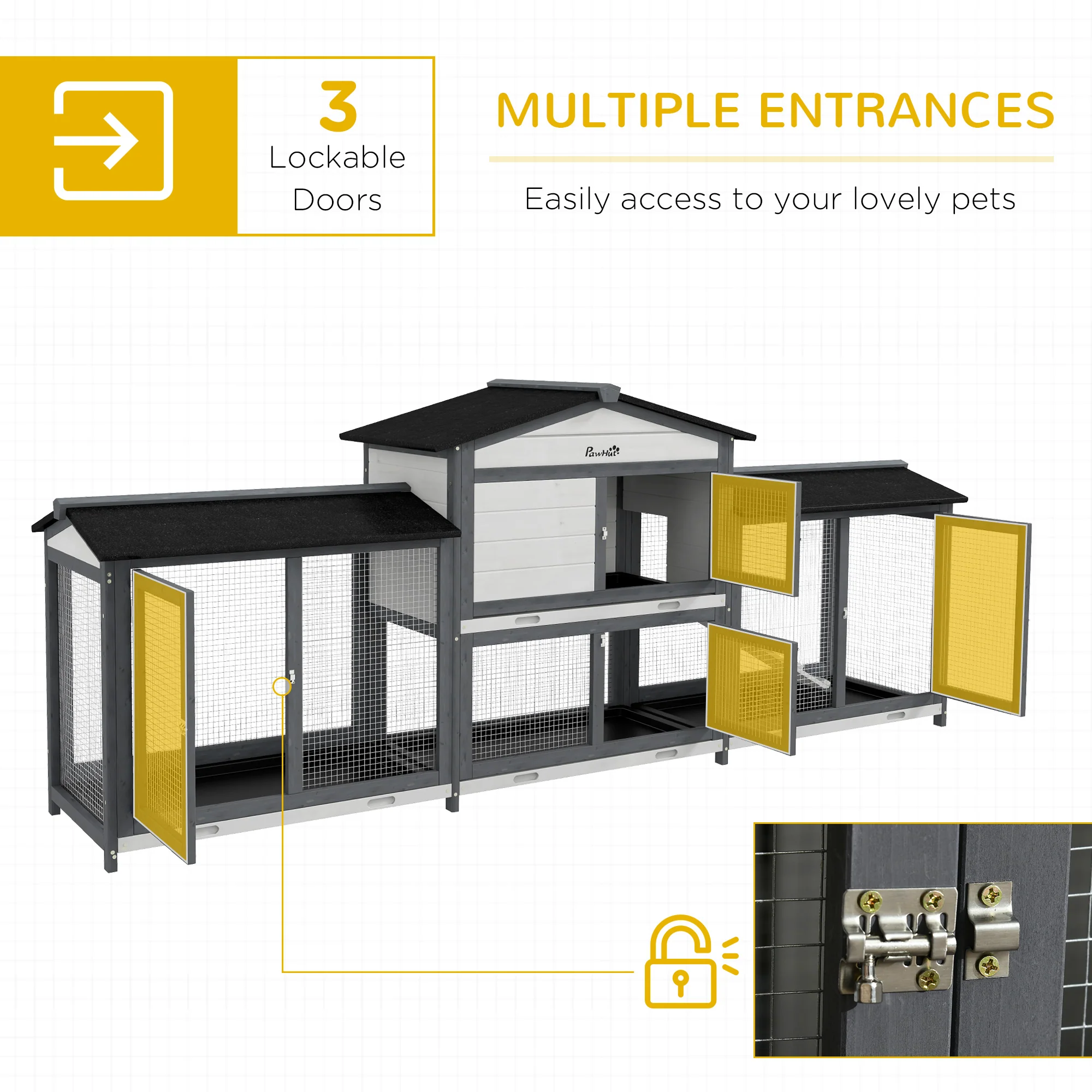 PawHut Rabbit Hutch, 2-Tier Guinea Pig Hutch, w/ Two Runs, Pull-Out Tray - Image 6