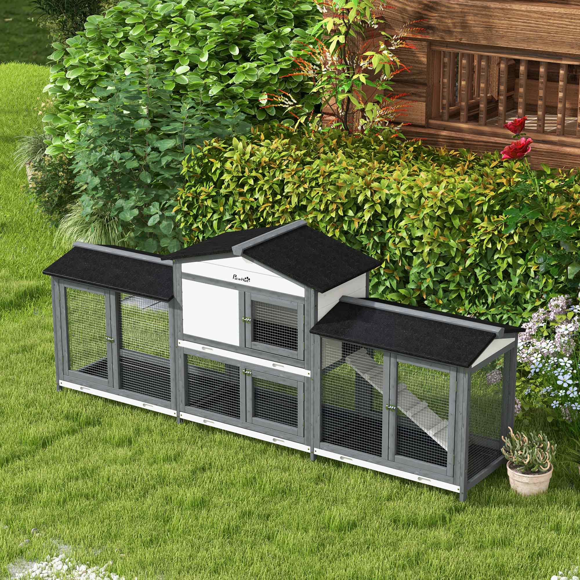 PawHut Rabbit Hutch, 2-Tier Guinea Pig Hutch, w/ Two Runs, Pull-Out Tray - Image 8