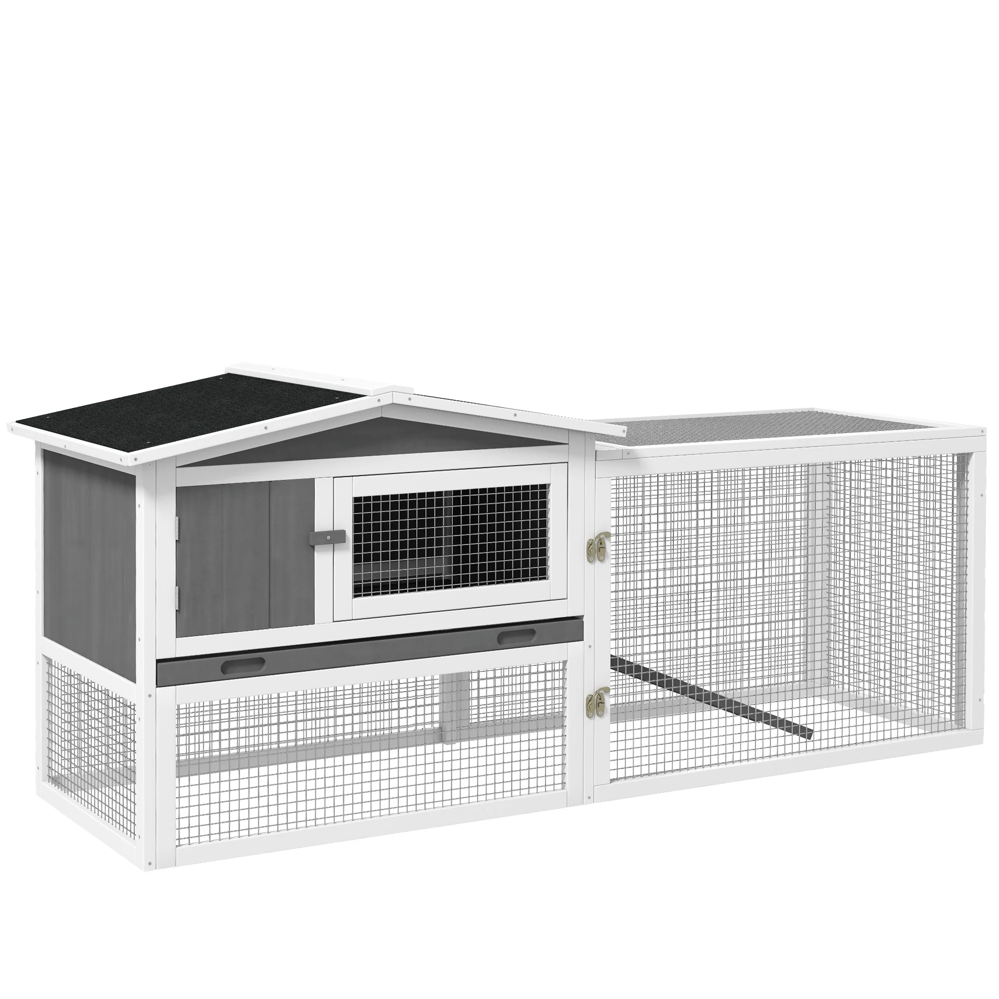 PawHut Rabbit Hutch and Run Outdoor w/ Sliding Tray Hay Rack Ramp, 156x58x68cm